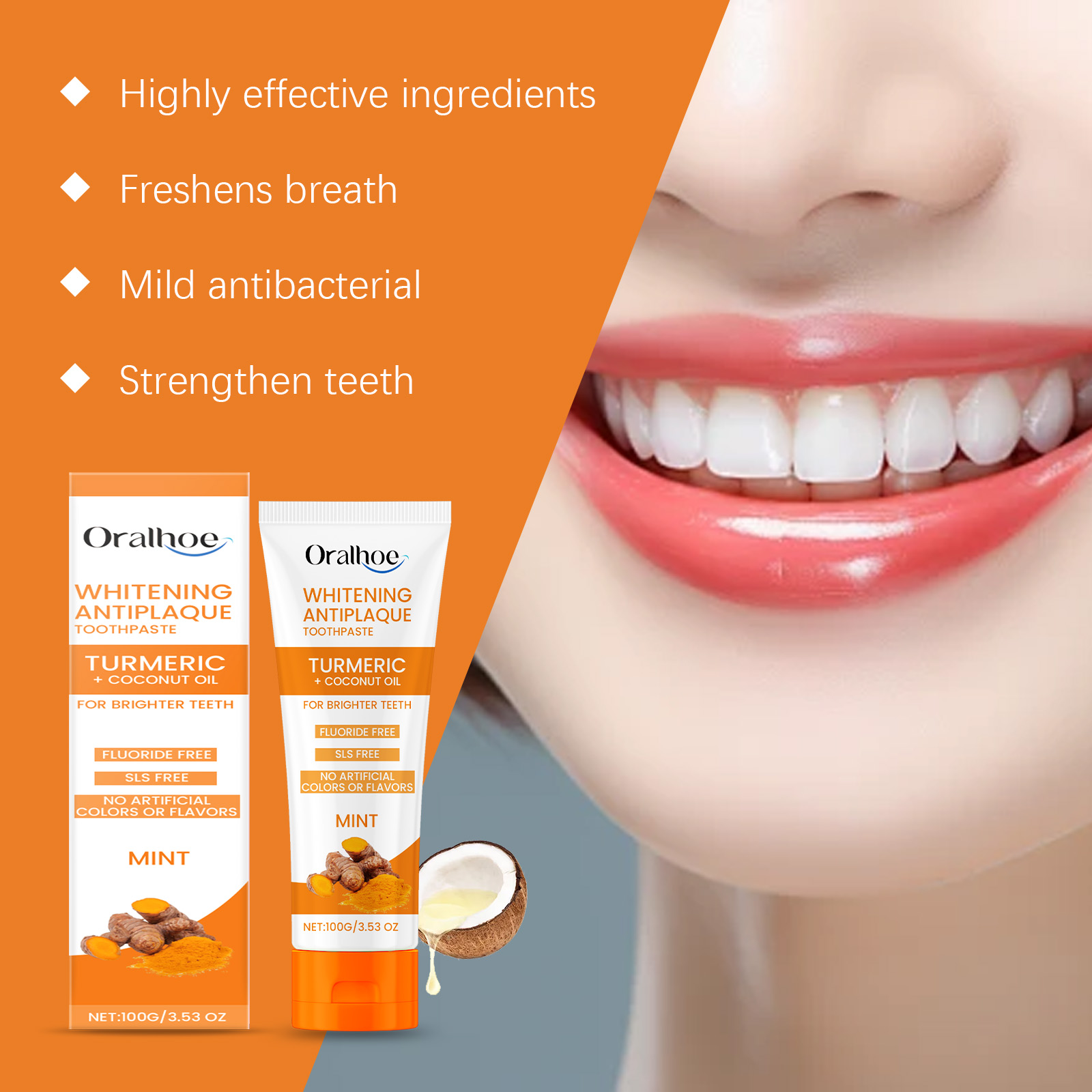 Toothpaste packaging beside bright smiling mouth