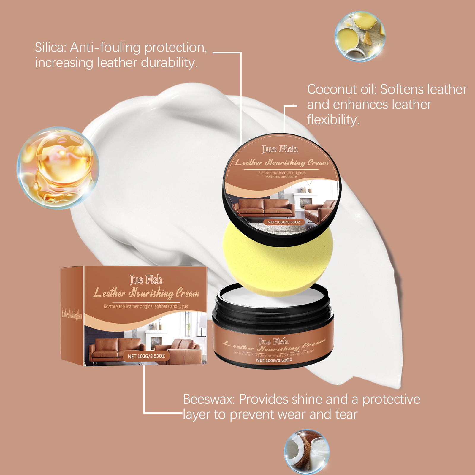 Leather cream texture with ingredient callouts