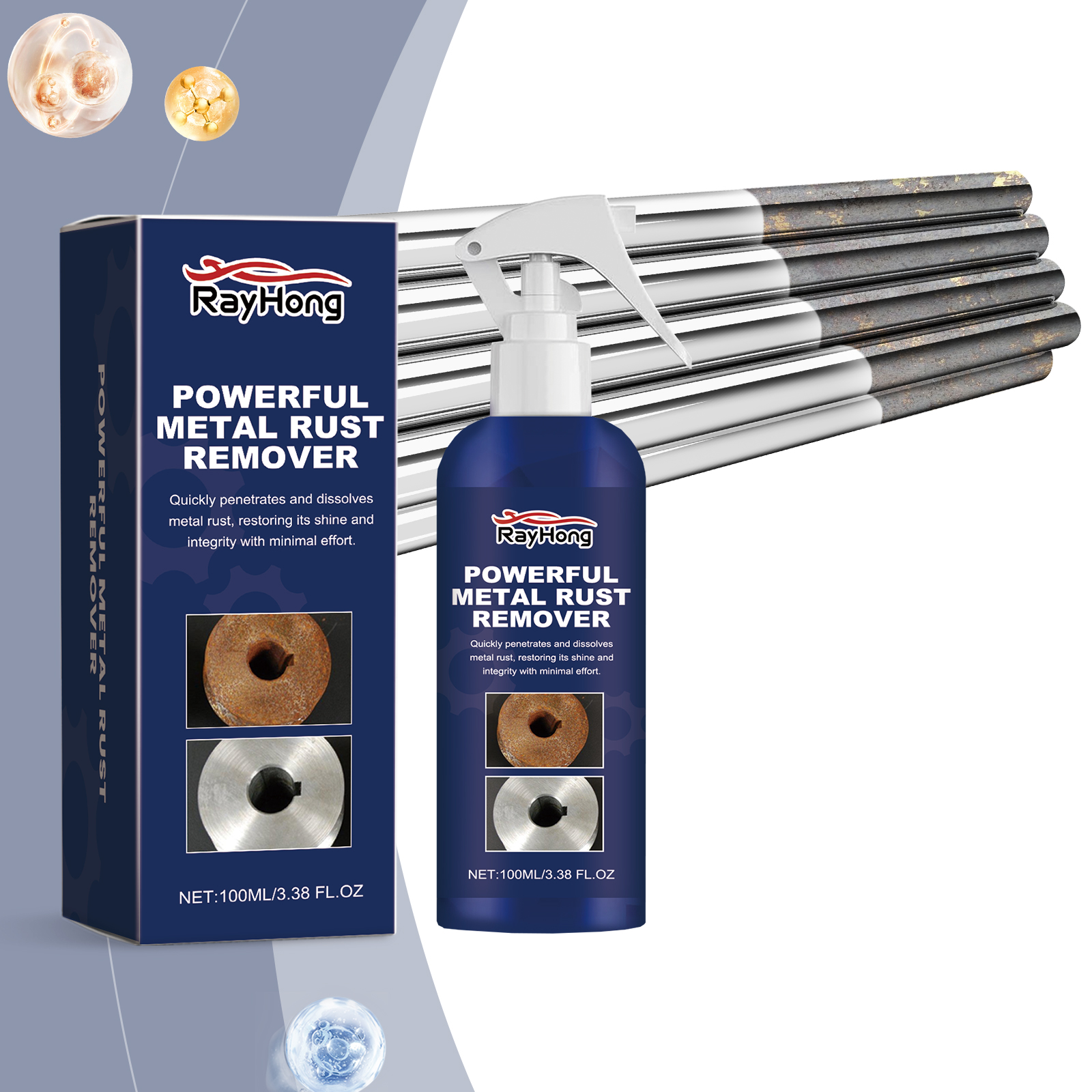 Compact rust remover bottle near workshop metal rods