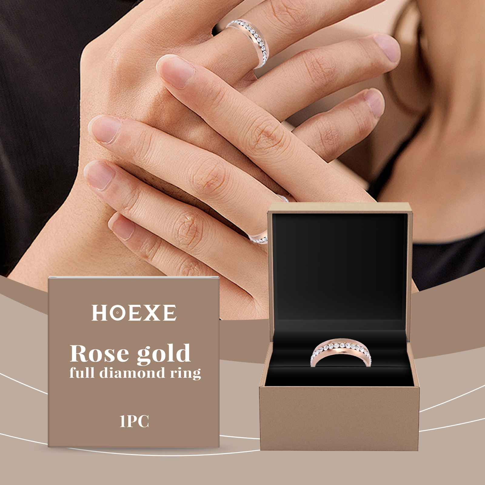 Person wearing the ring with hands crossed elegantly, box in foreground