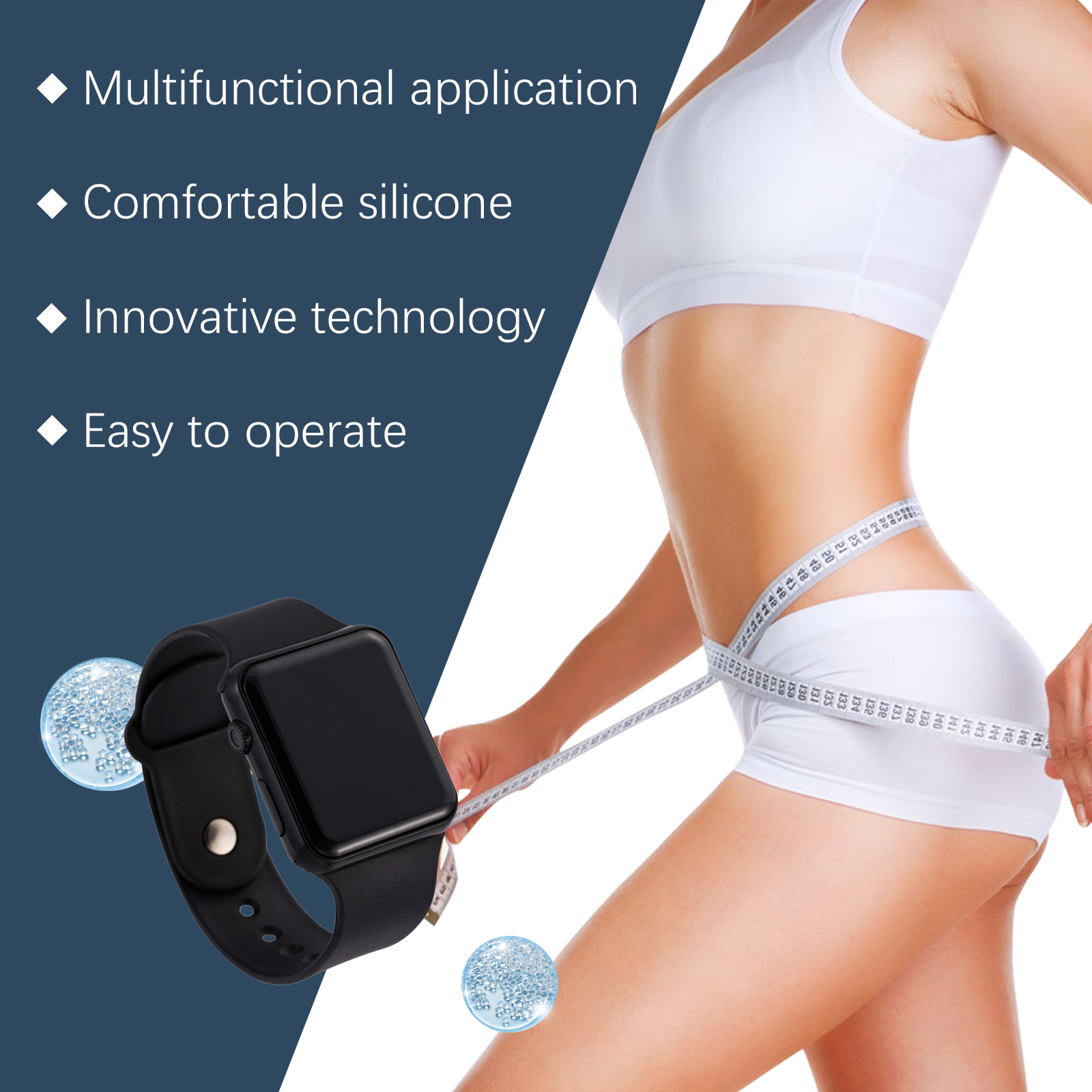 Black silicone wristband beside a waist measurement routine
