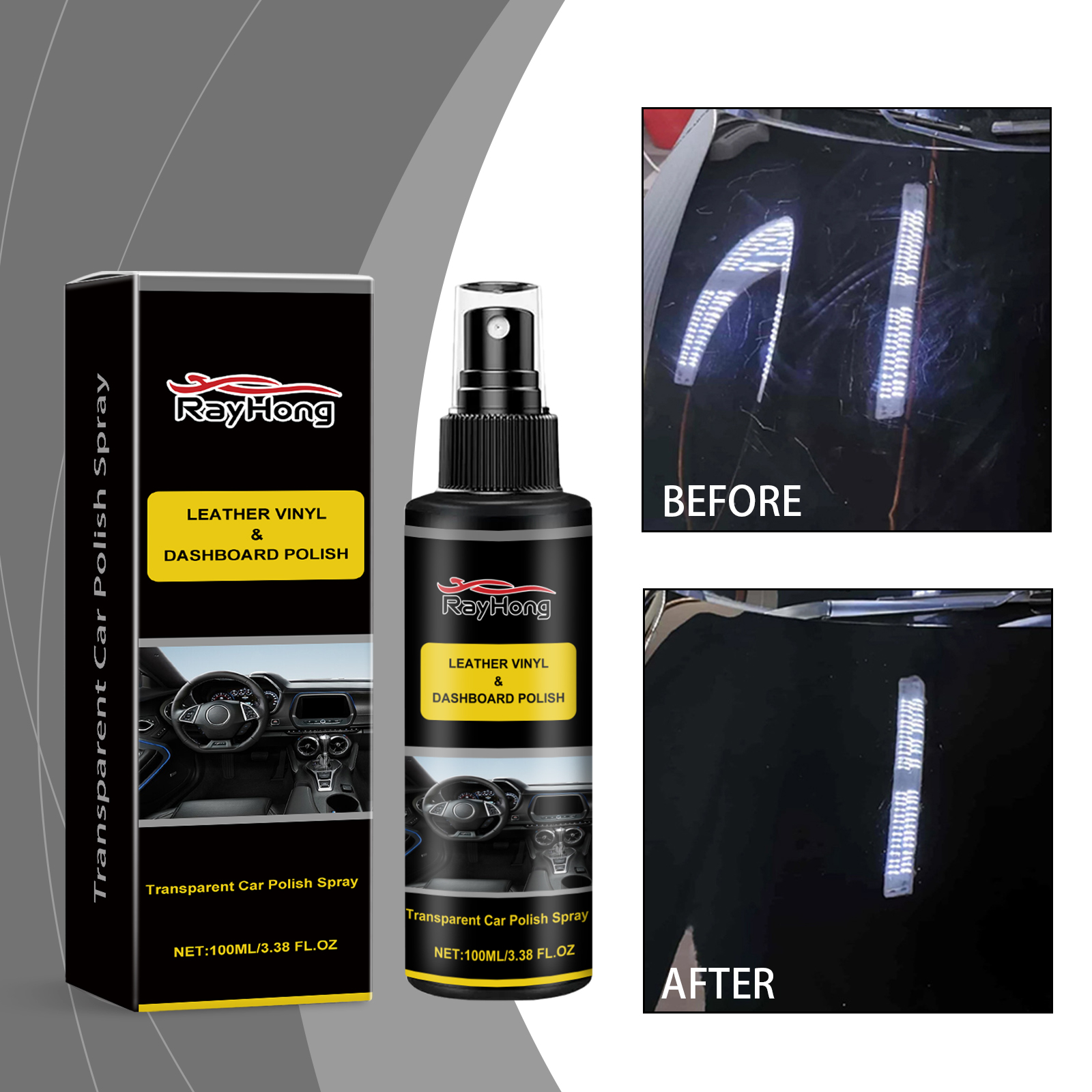 Before and after glossy automotive paint finish