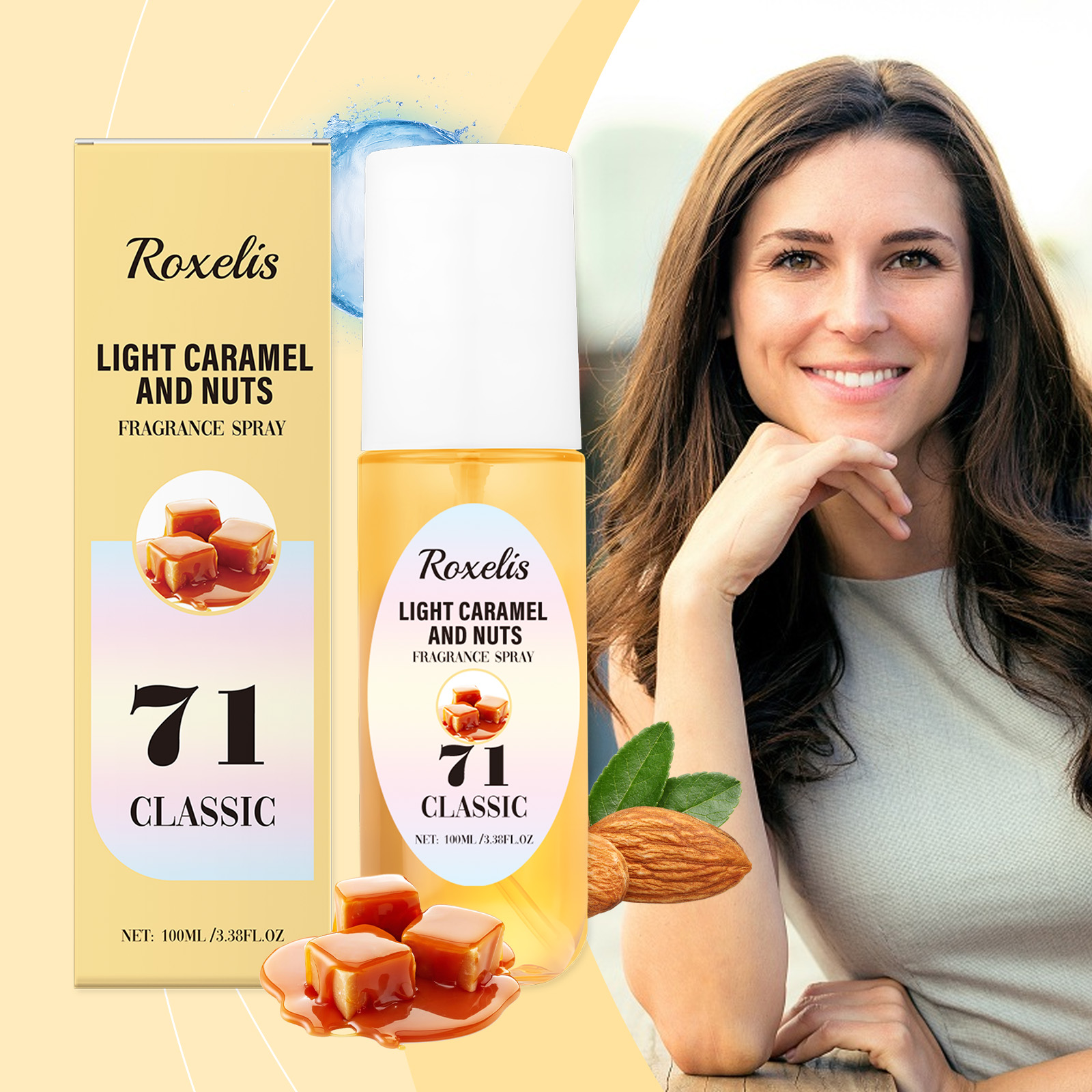 Golden amber fragrance liquid in clear rounded bottle