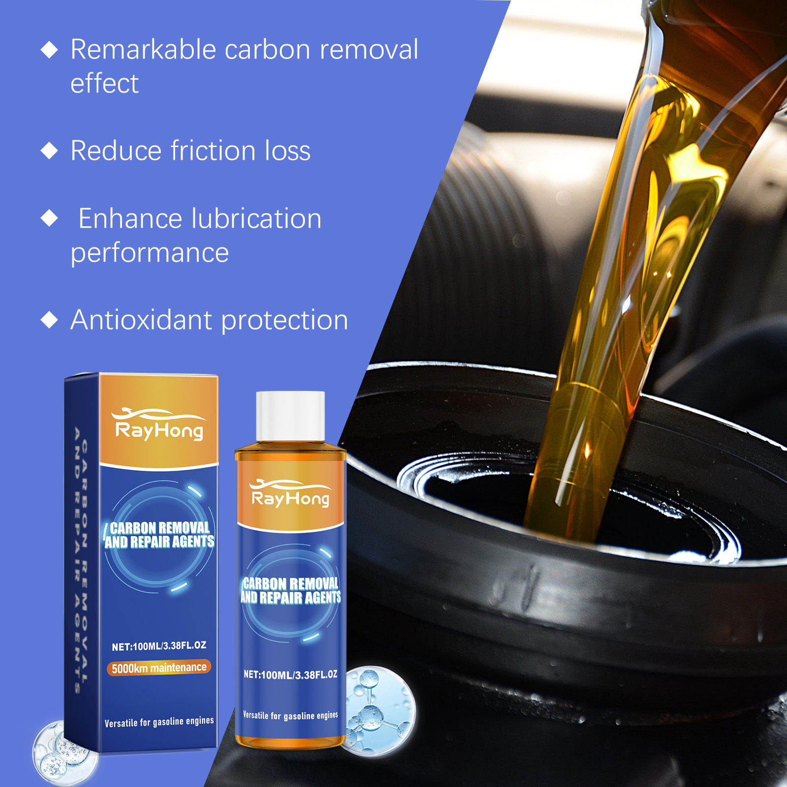 Amber engine additive positioned beside open oil filler