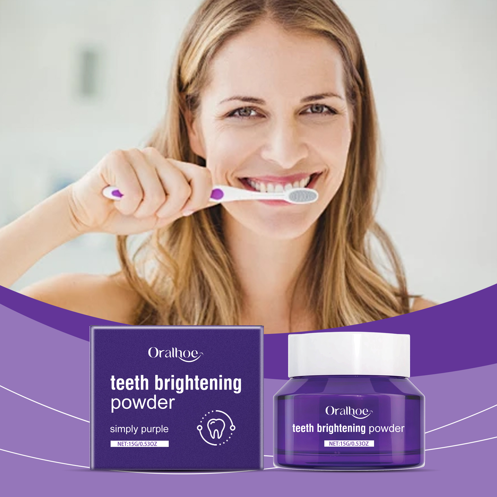 Woman using purple tooth powder during brushing