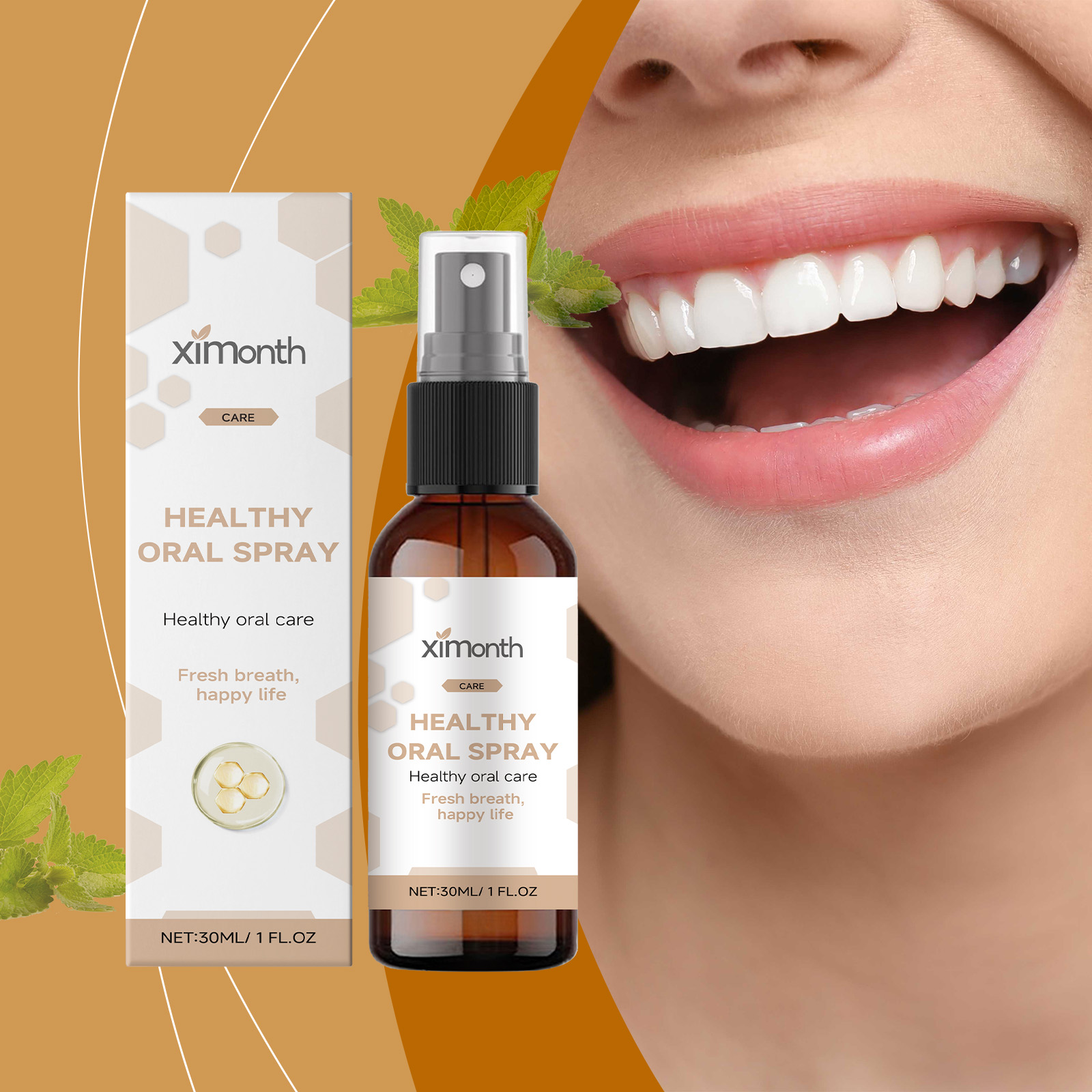 Mint-associated mouth spray beside confident smiling mouth