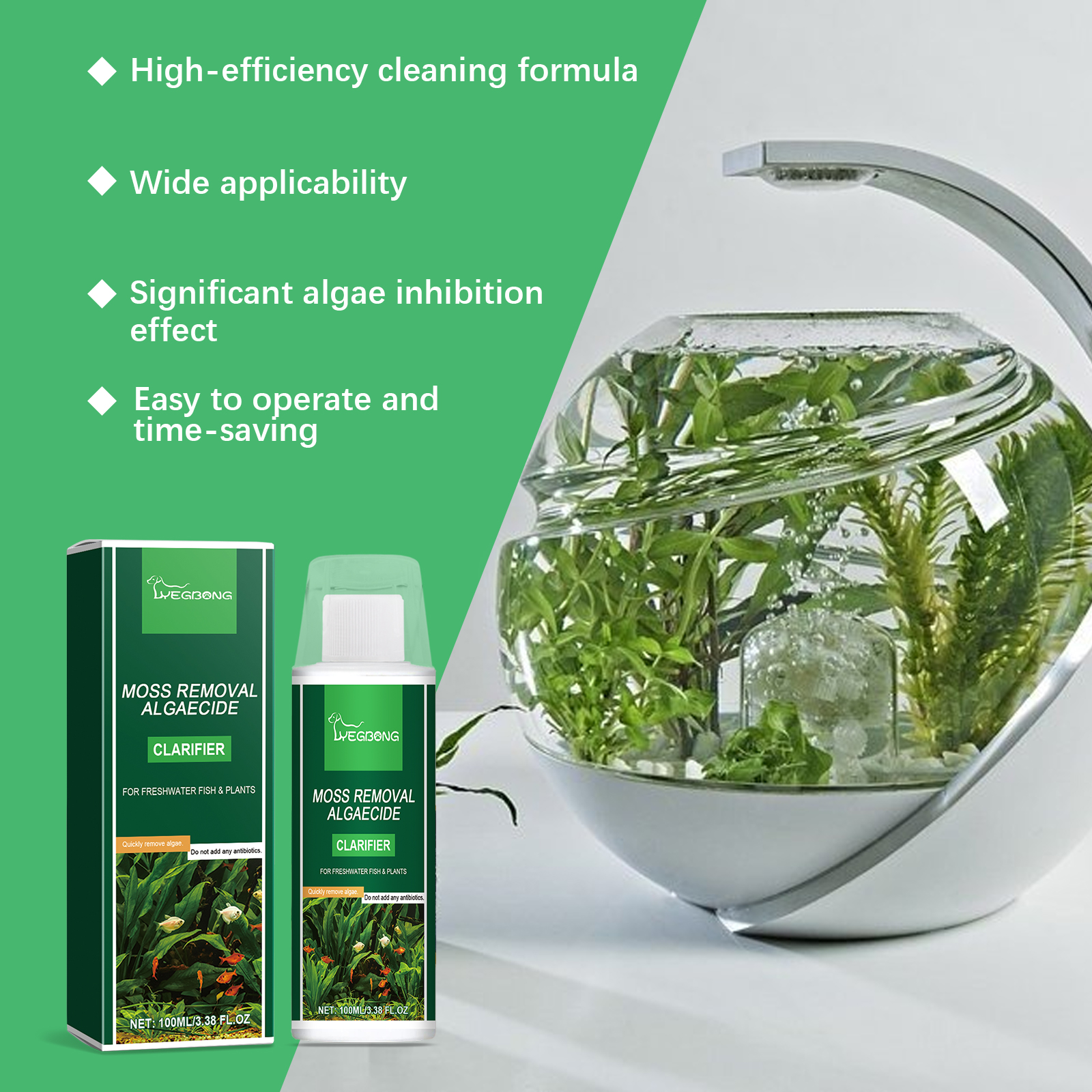 Algae clarifier bottle beside planted aquarium and feature claims