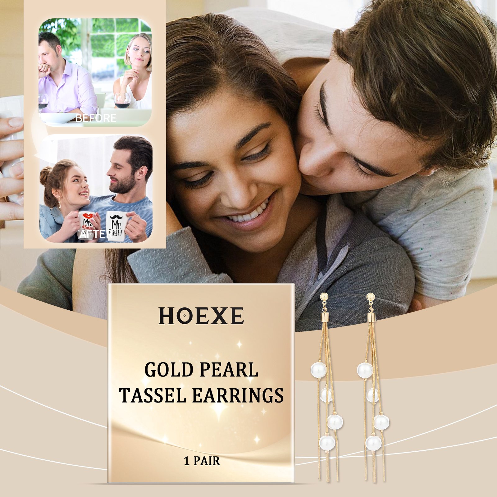 Gold pearl earrings styled in romantic setting