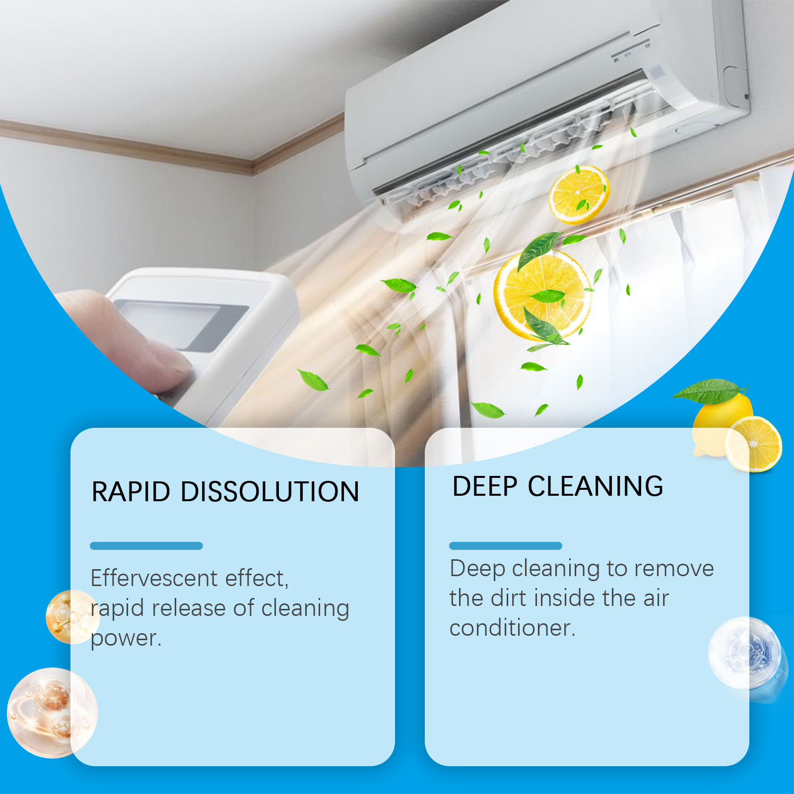 Visual of rapid dissolving tablet cleaning AC coils, effervescent action