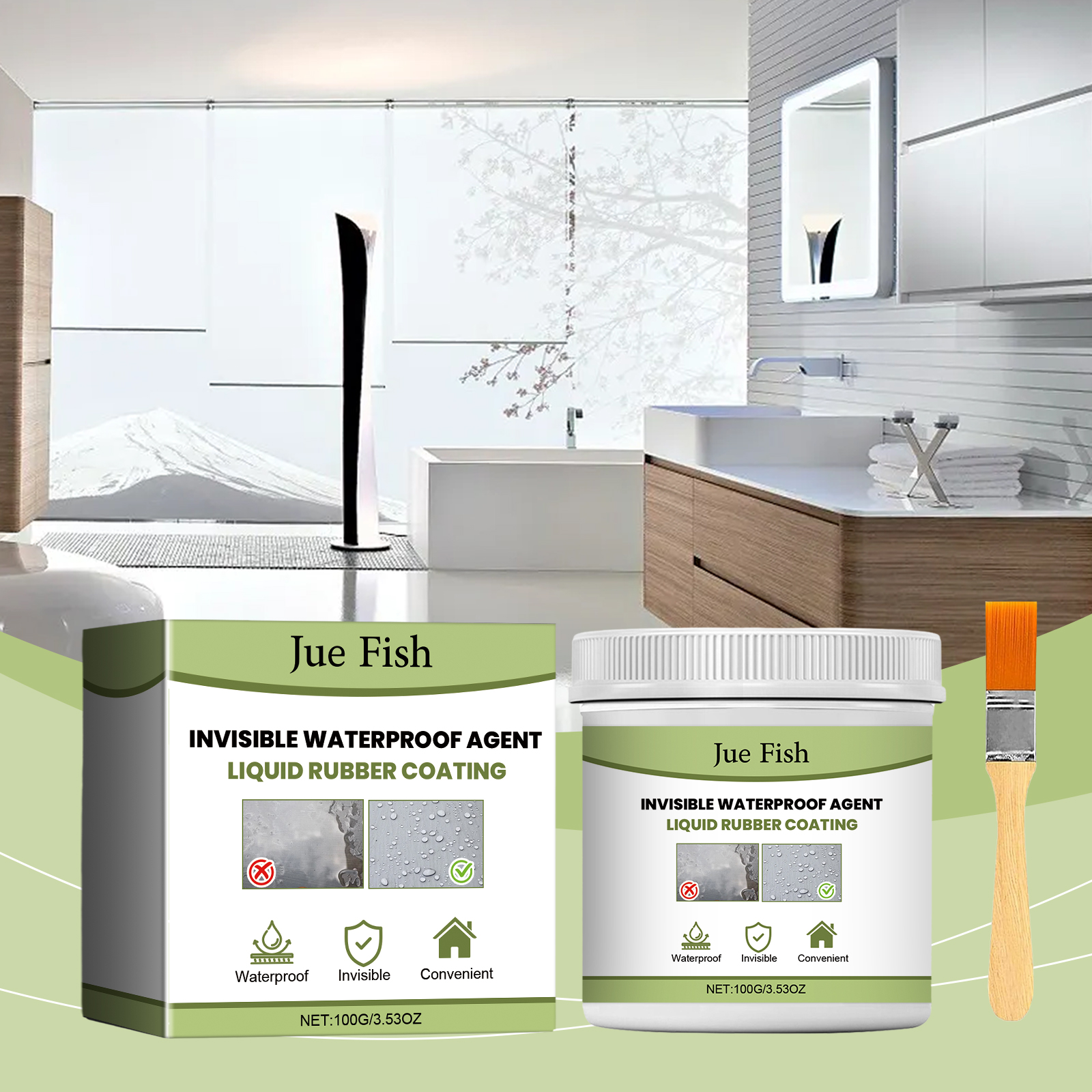 Waterproof coating kit shown in a bathroom setting