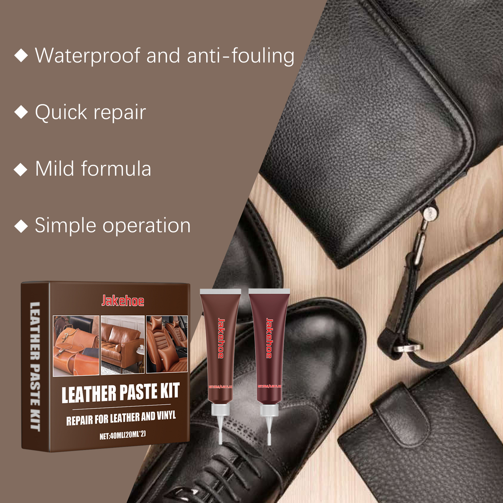 Leather repair kit with shoes and bags for surface touch-ups