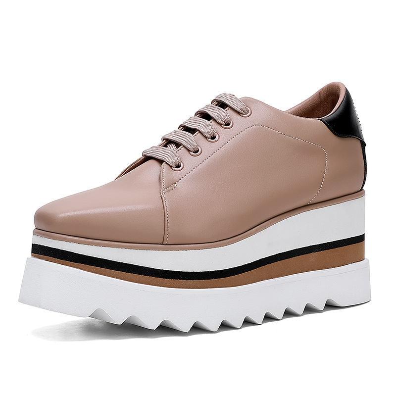 British Style Thick Platform Square Toe Wedge Heel Waterproof Platform Striped Sole Tied Women's