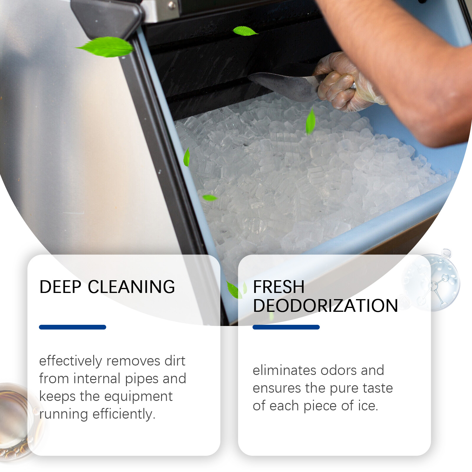 Tablet dissolving in water showing active formula at work with fresh ice cubes nearby