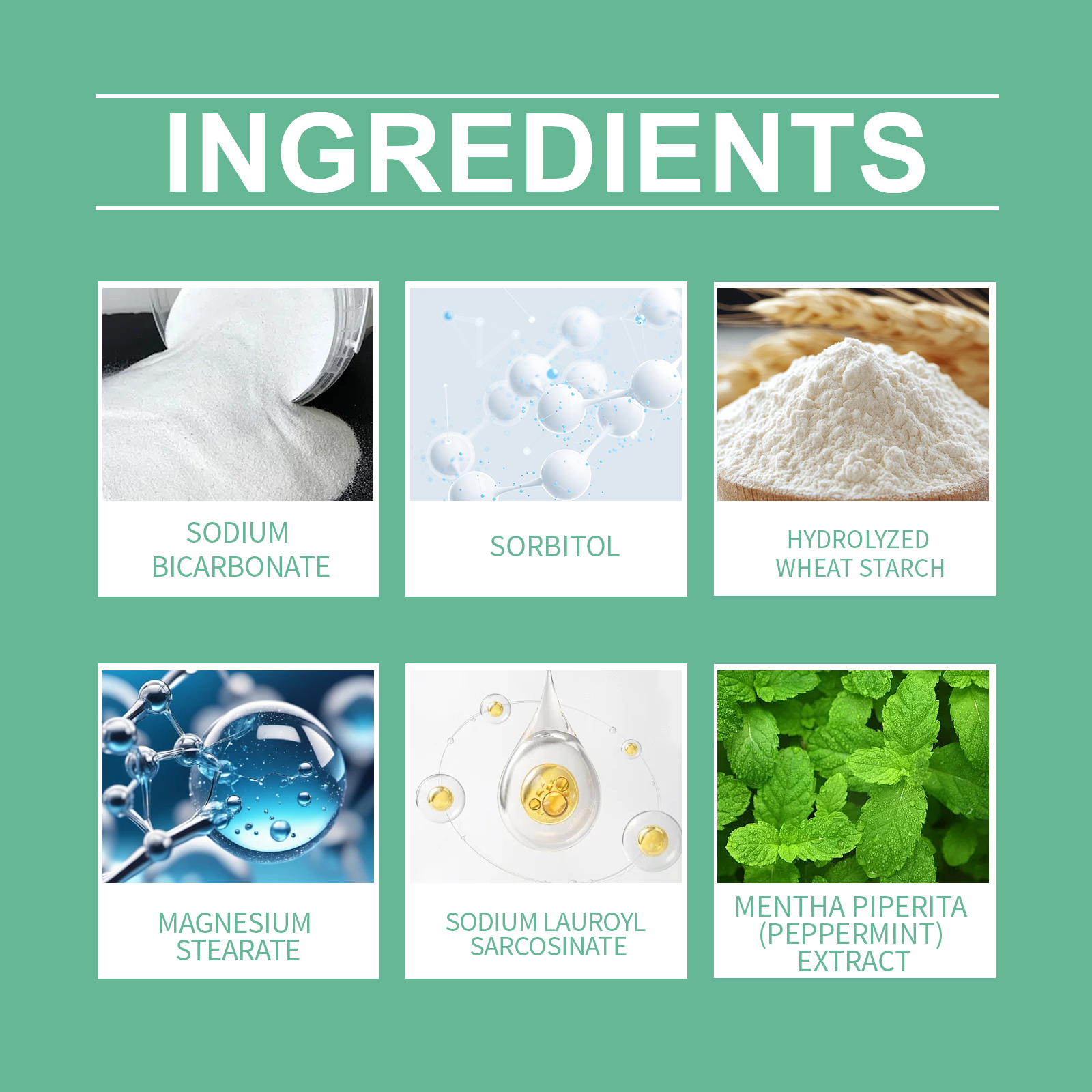 Mint and white dental powder packaging detail