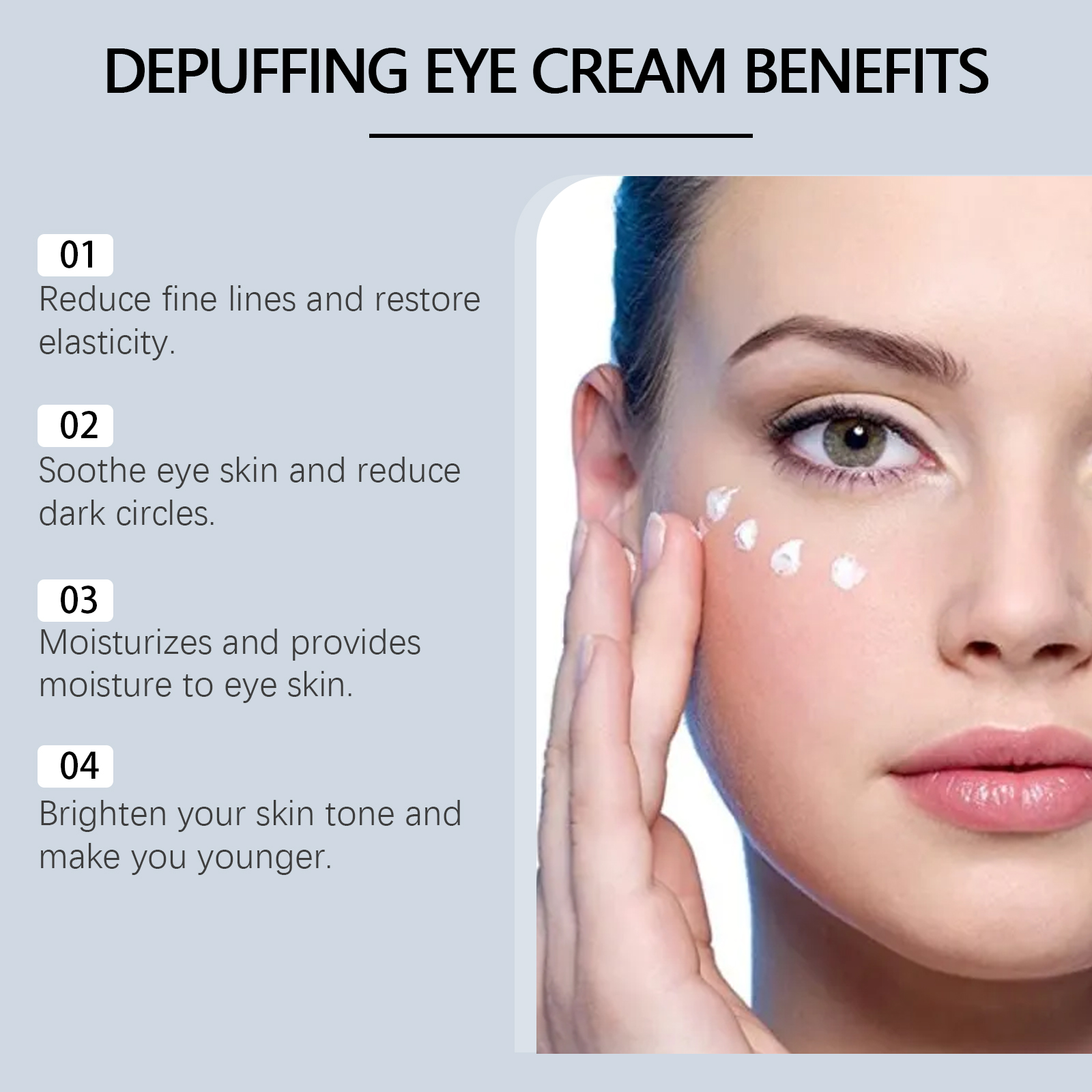 Close-up of under-eye before and after cream application, showing reduced dark circles