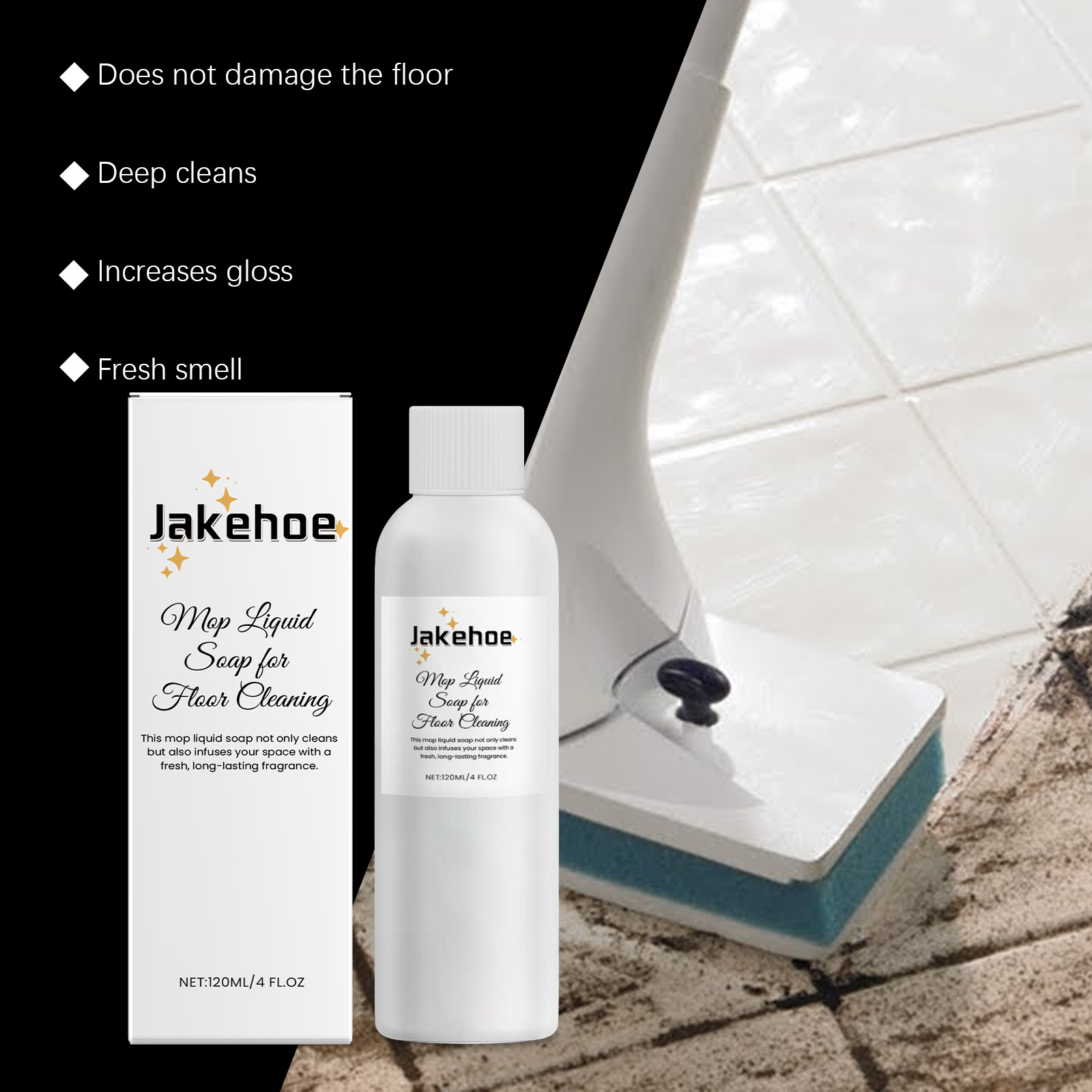 Jakehoe mop cleaner beside glossy clean tile