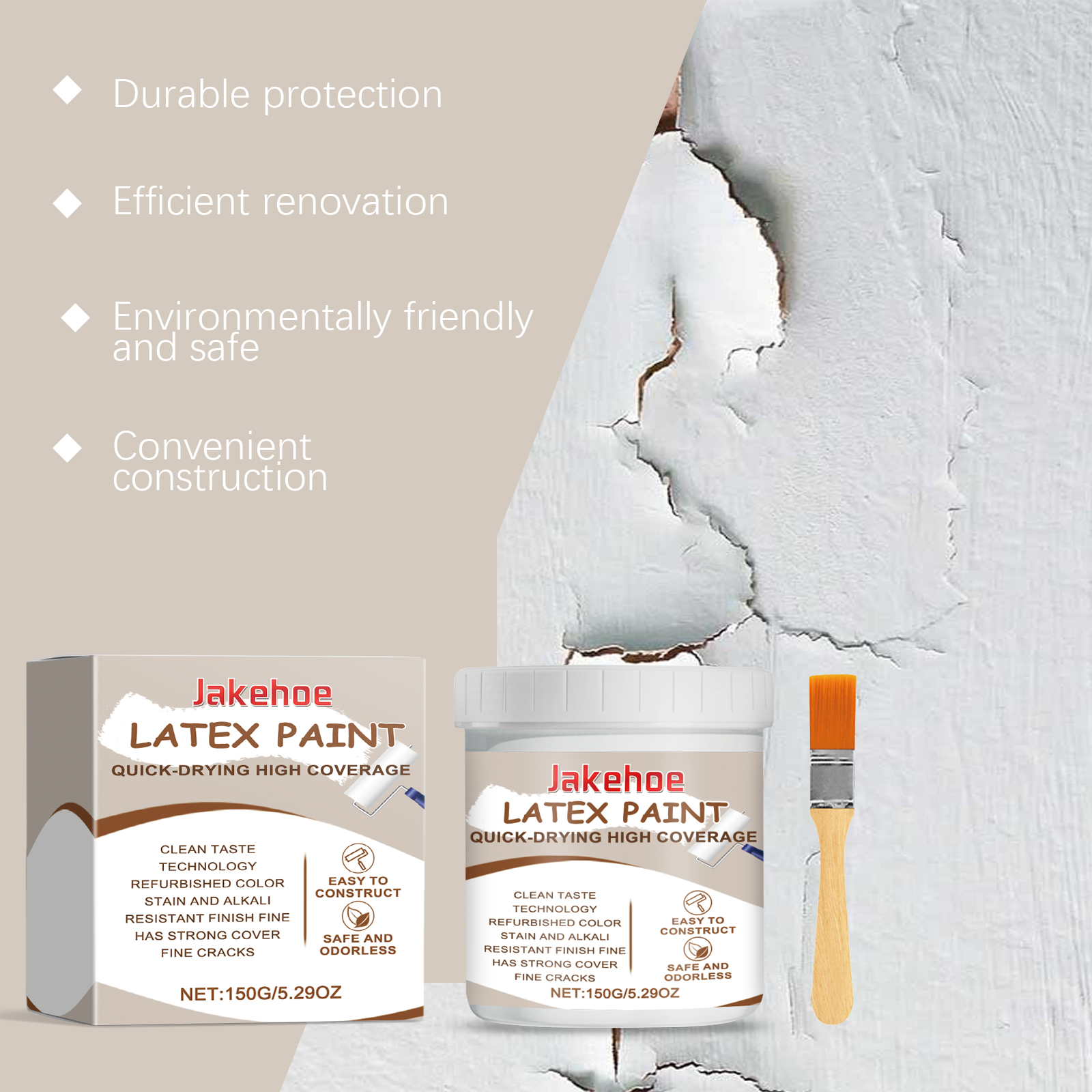 Jakehoe paint and brush beside damaged wall