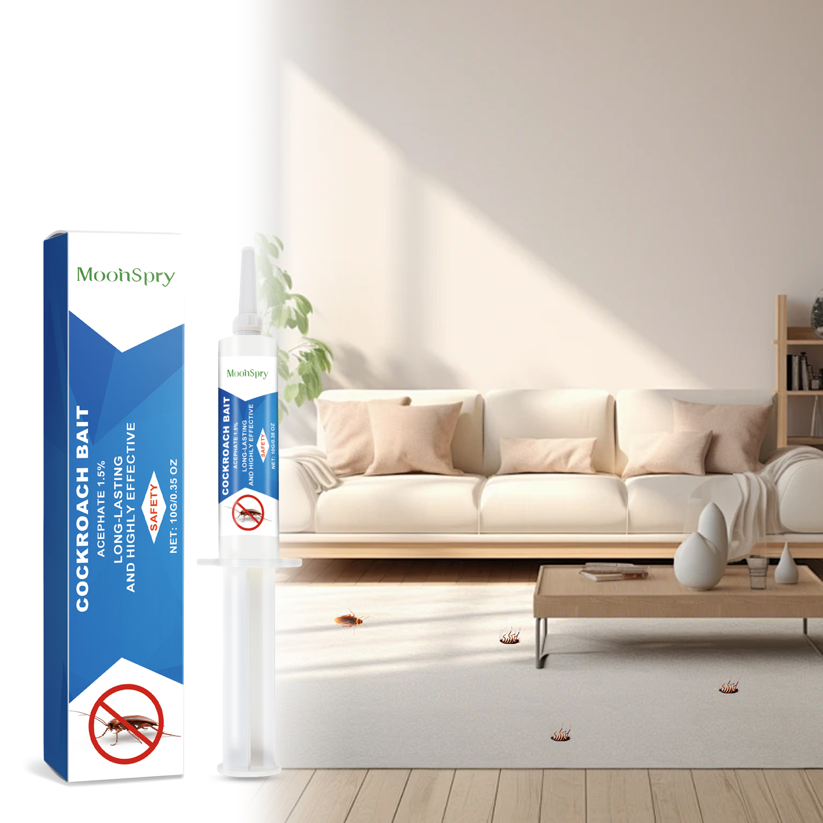 Bright living room showing cockroach activity near floor