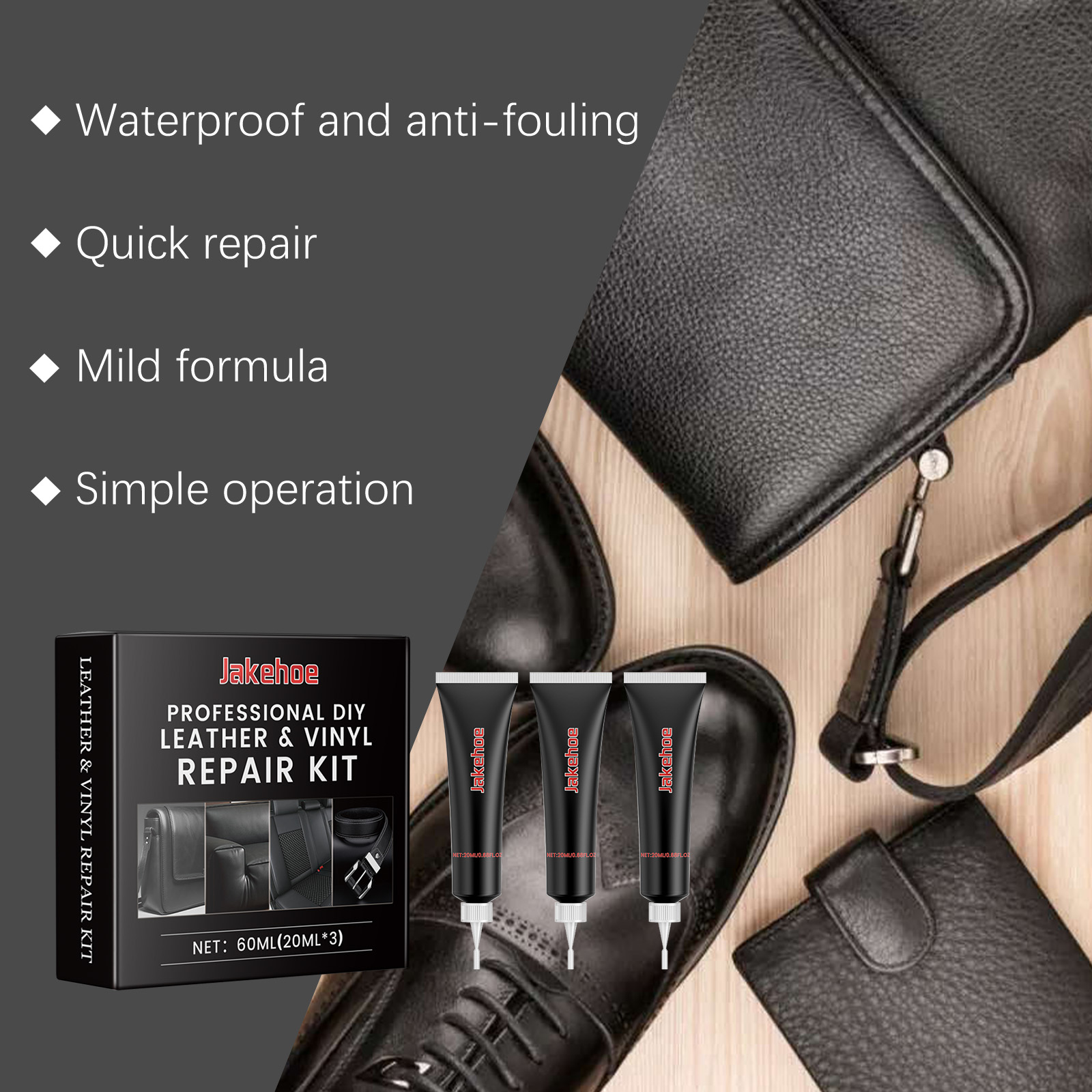 Black leather shoes and bags beside repair kit