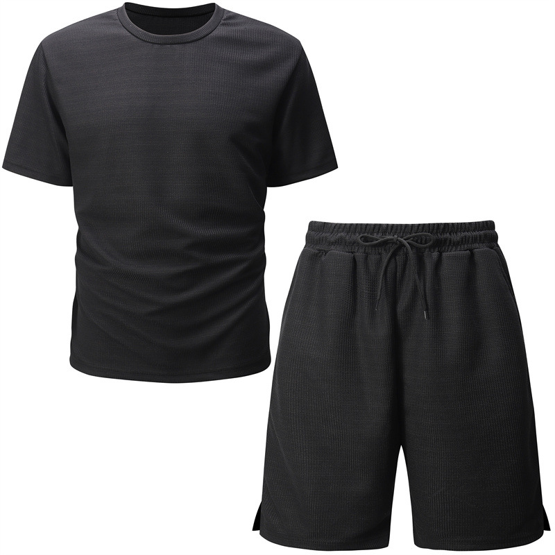 Men's Summer Sports Set Solid Color Round Neck Short Sleeve T-Shirt and Shorts Set Breathable Factory Direct Sales undefined