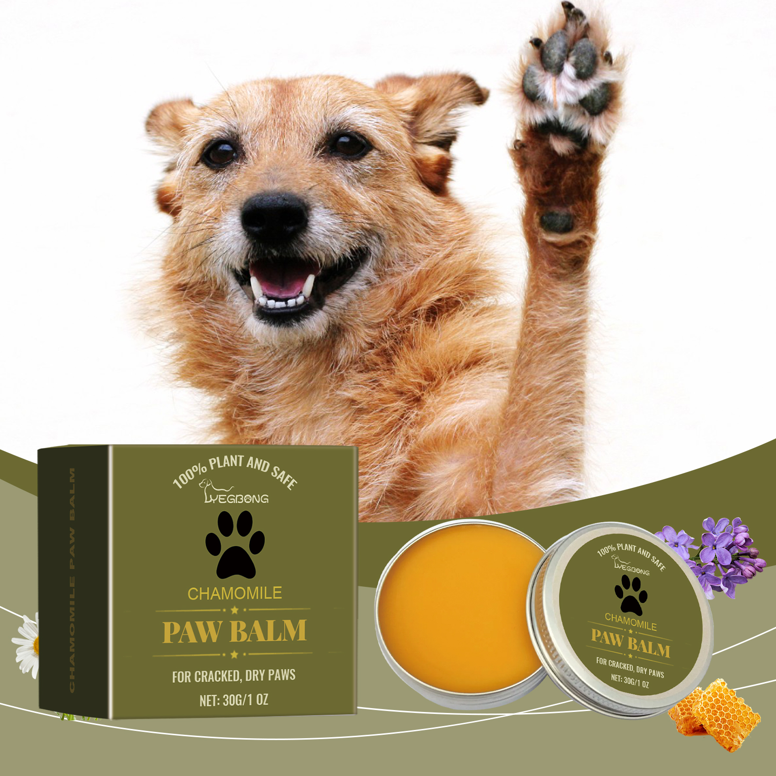 Dog beside compact boxed paw balm for grooming
