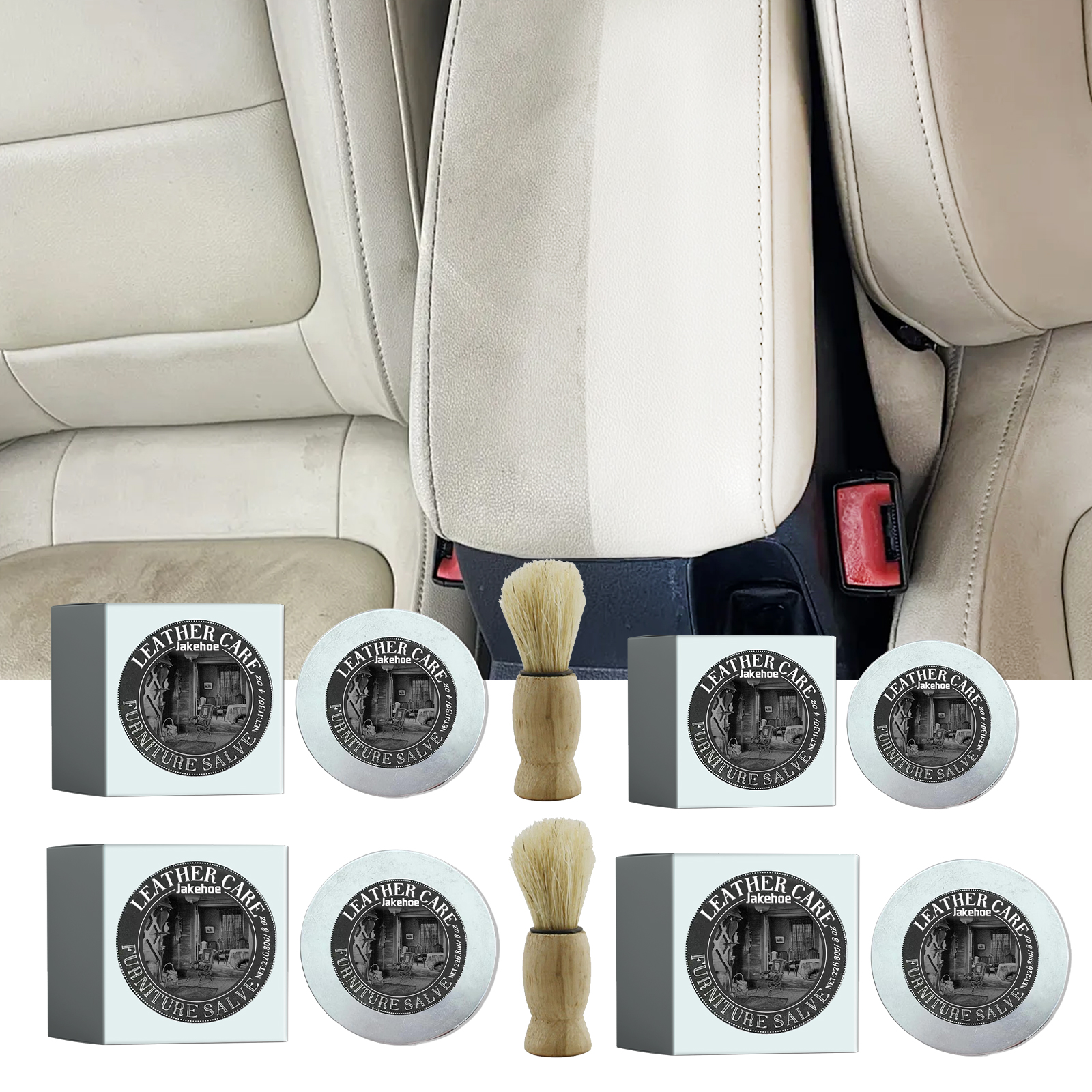 Wooden-handled brush with leather salve tins