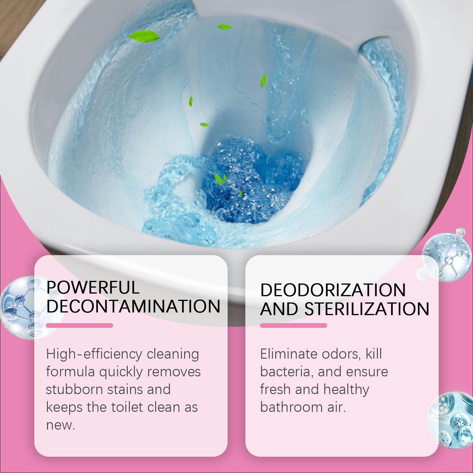 Top-down view of toilet bowl filled with blue cleaning solution actively fizzing and dispersing, with green leaf accents