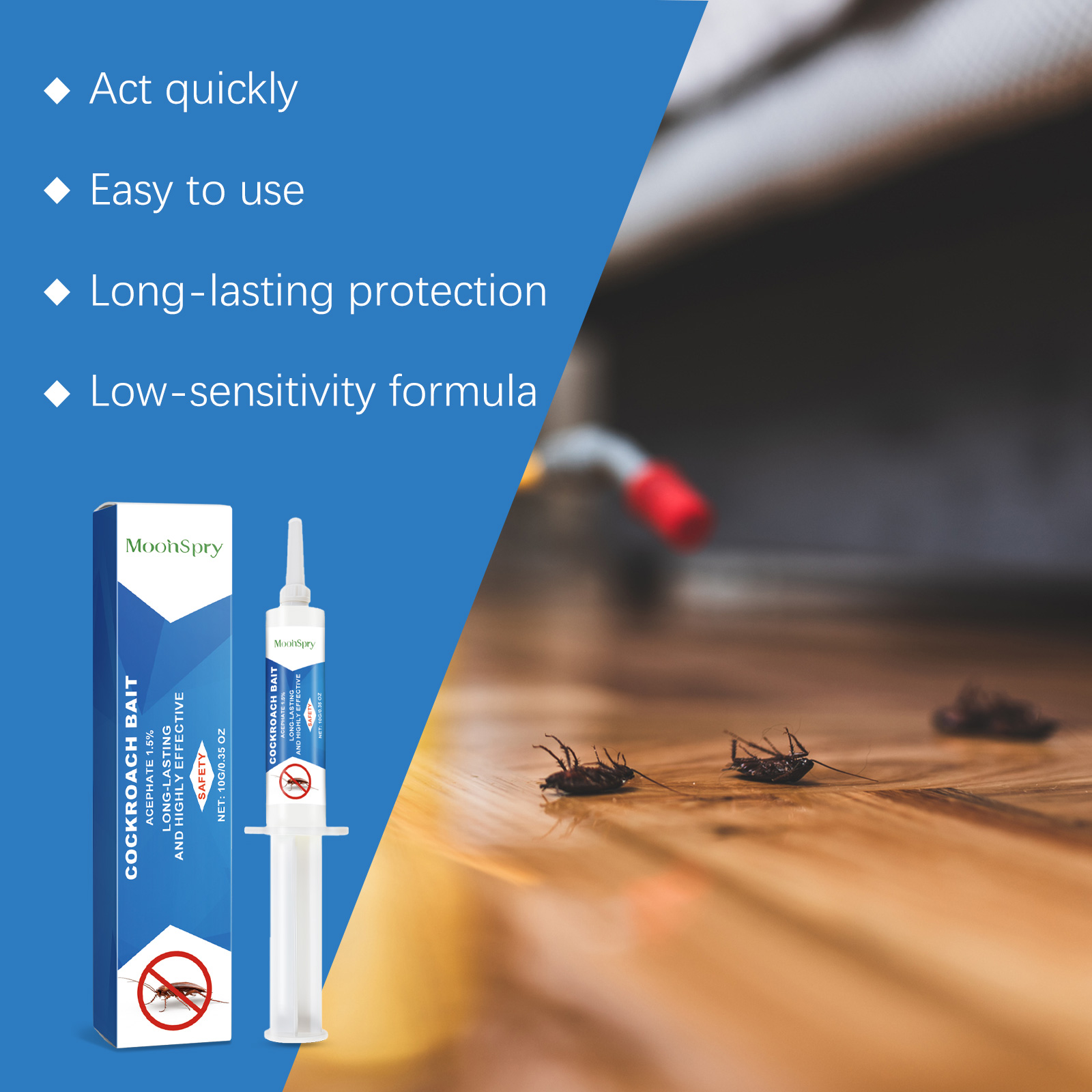 MoonSpry packaging showing fast action and protection claims