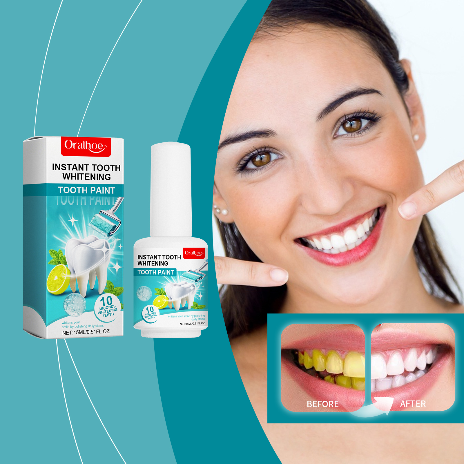 Before and after smile comparison beside tooth paint