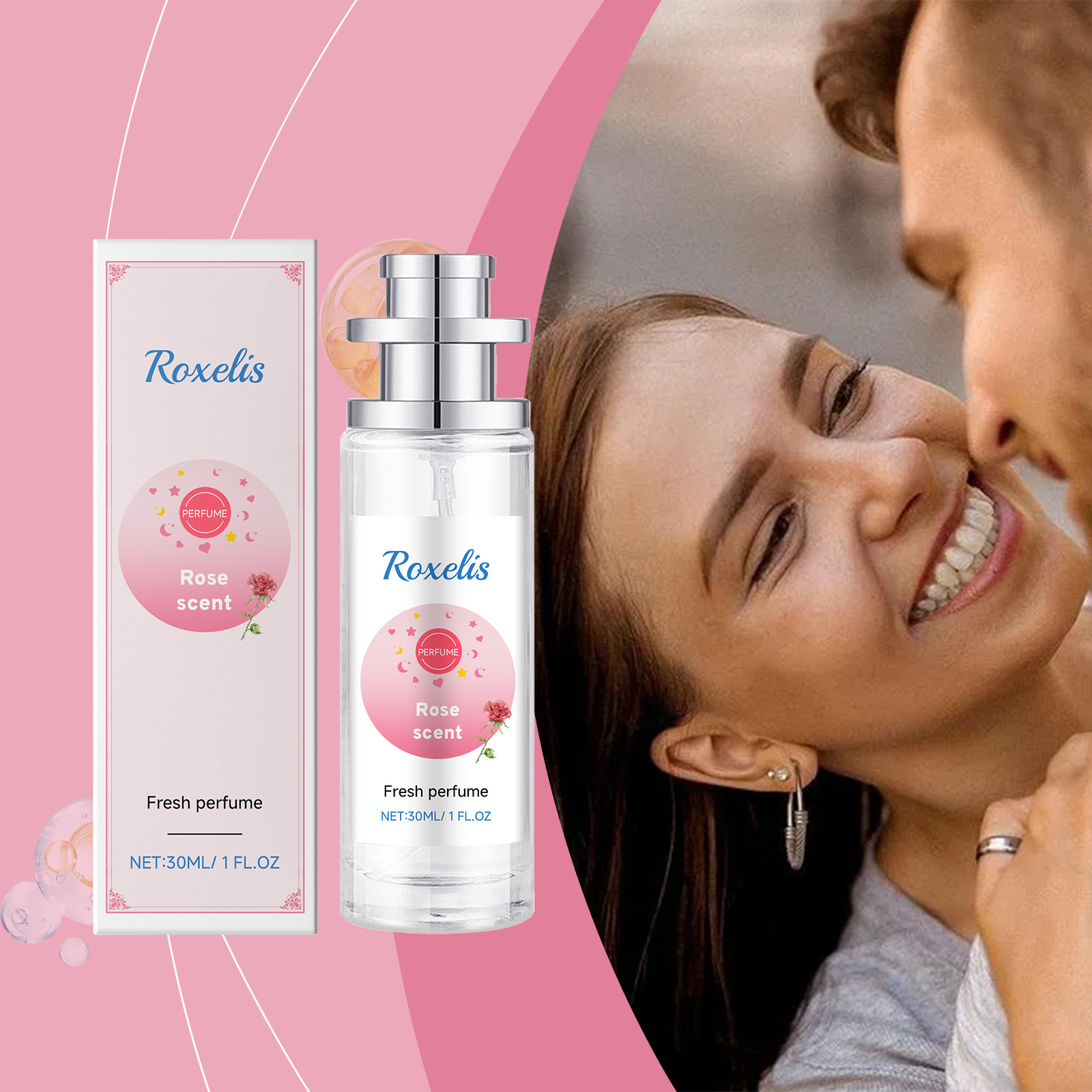 Roxelis perfume and box beside couple in romantic setting