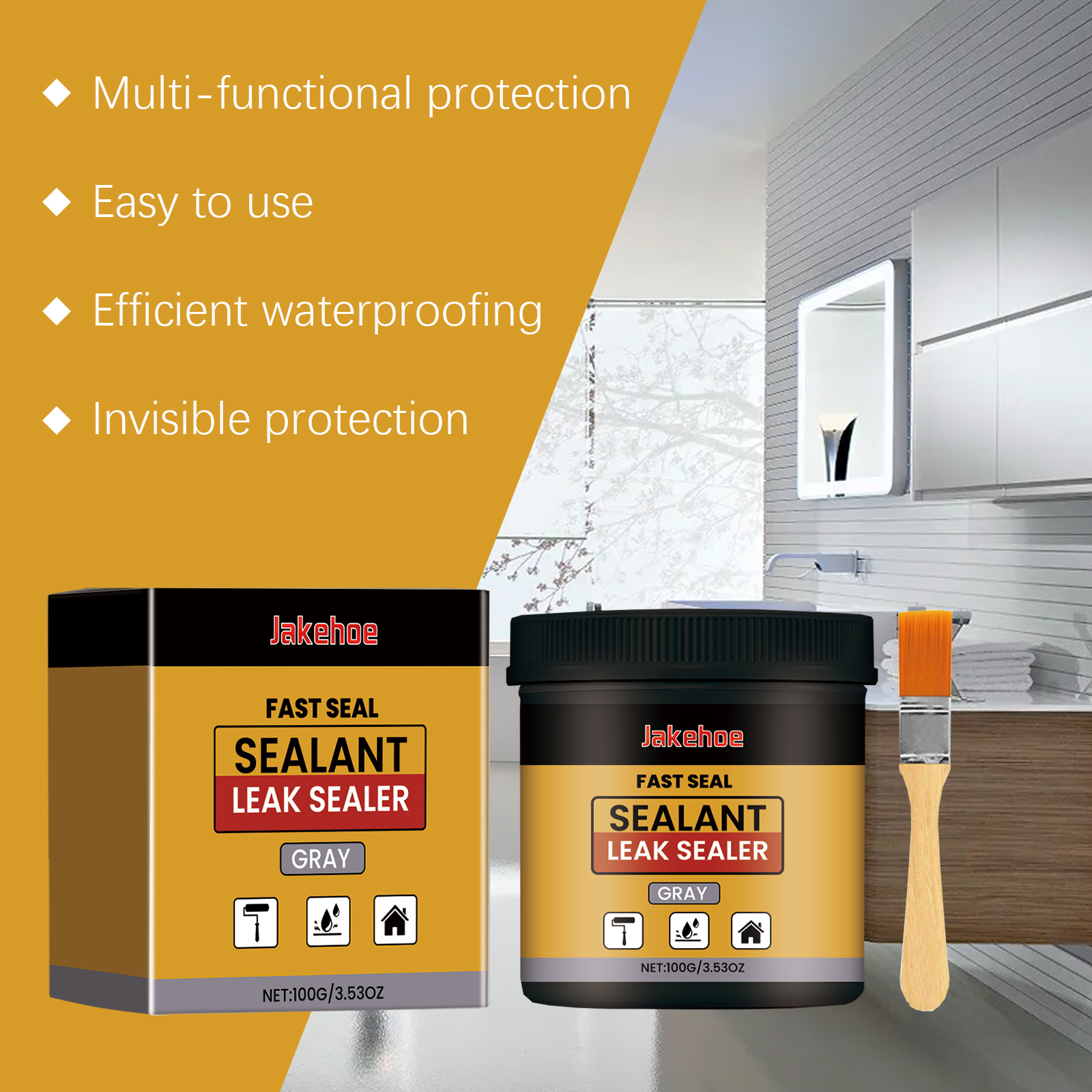 Sealant jar and brush beside bathroom waterproofing scene