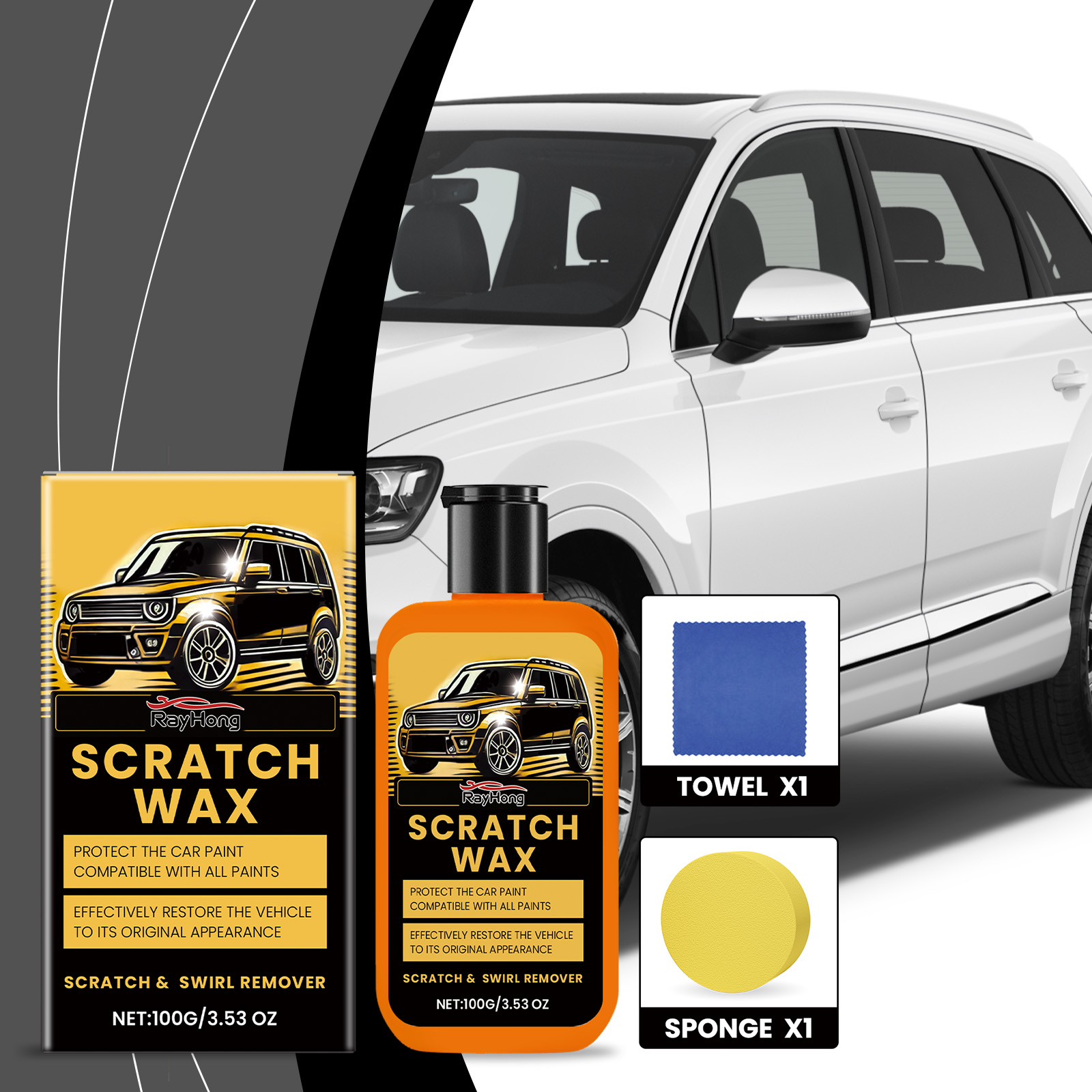 Scratch remover kit beside a white SUV