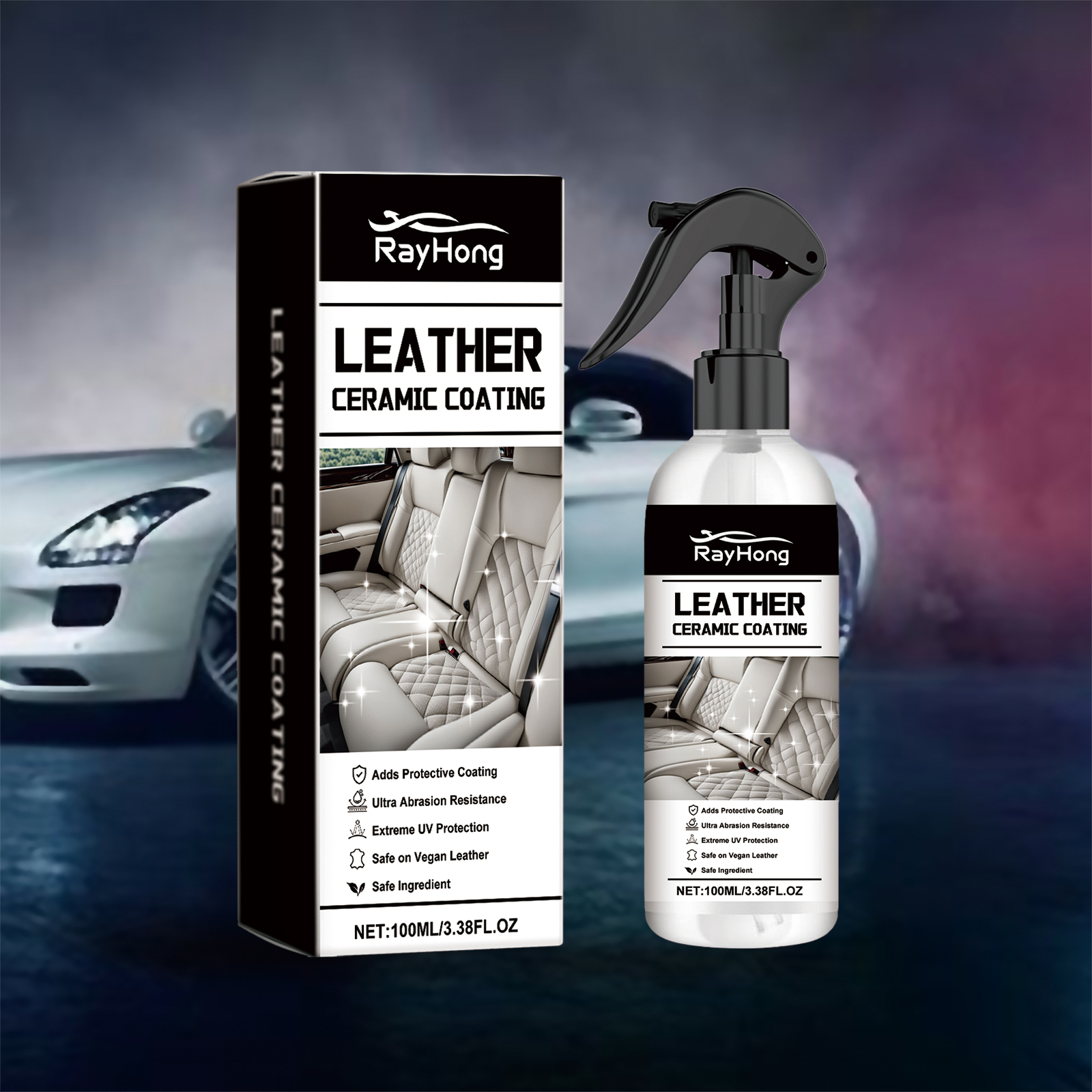 Leather coating spray staged beside luxury vehicle
