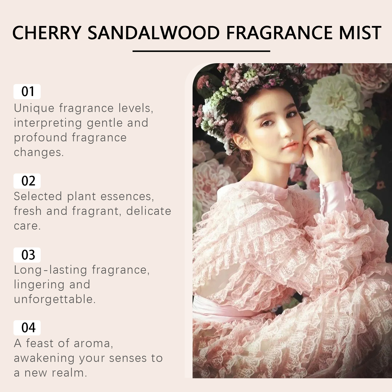 Floral crown woman beside cherry sandalwood scent graphic