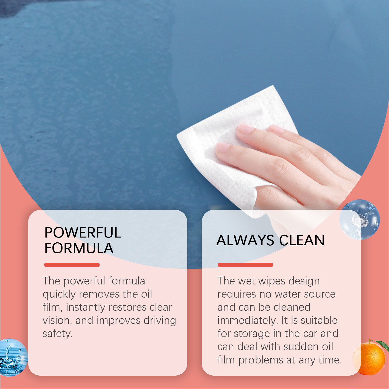 Hand using a wet wipe on a glass surface