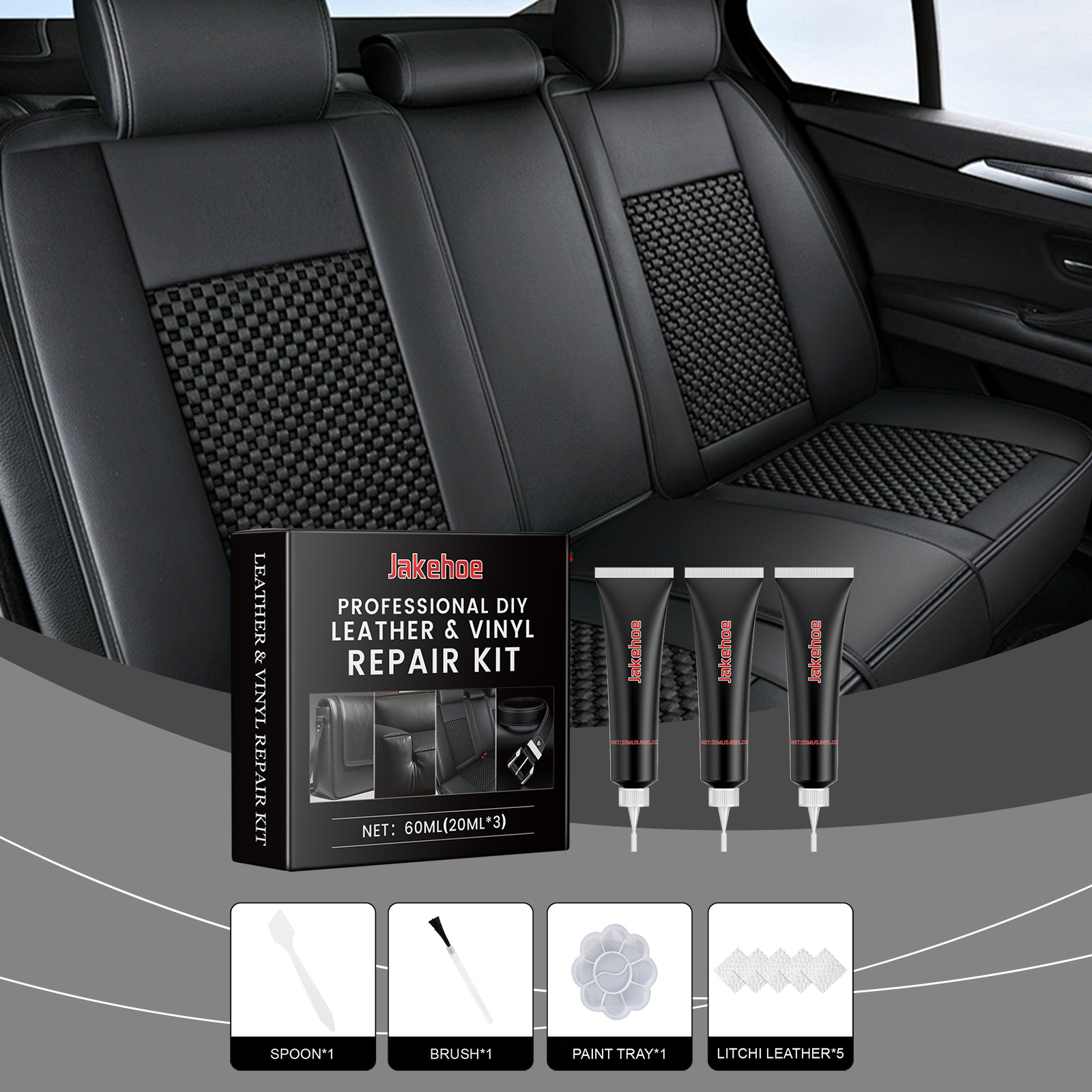 Leather repair kit shown beside black automotive seat