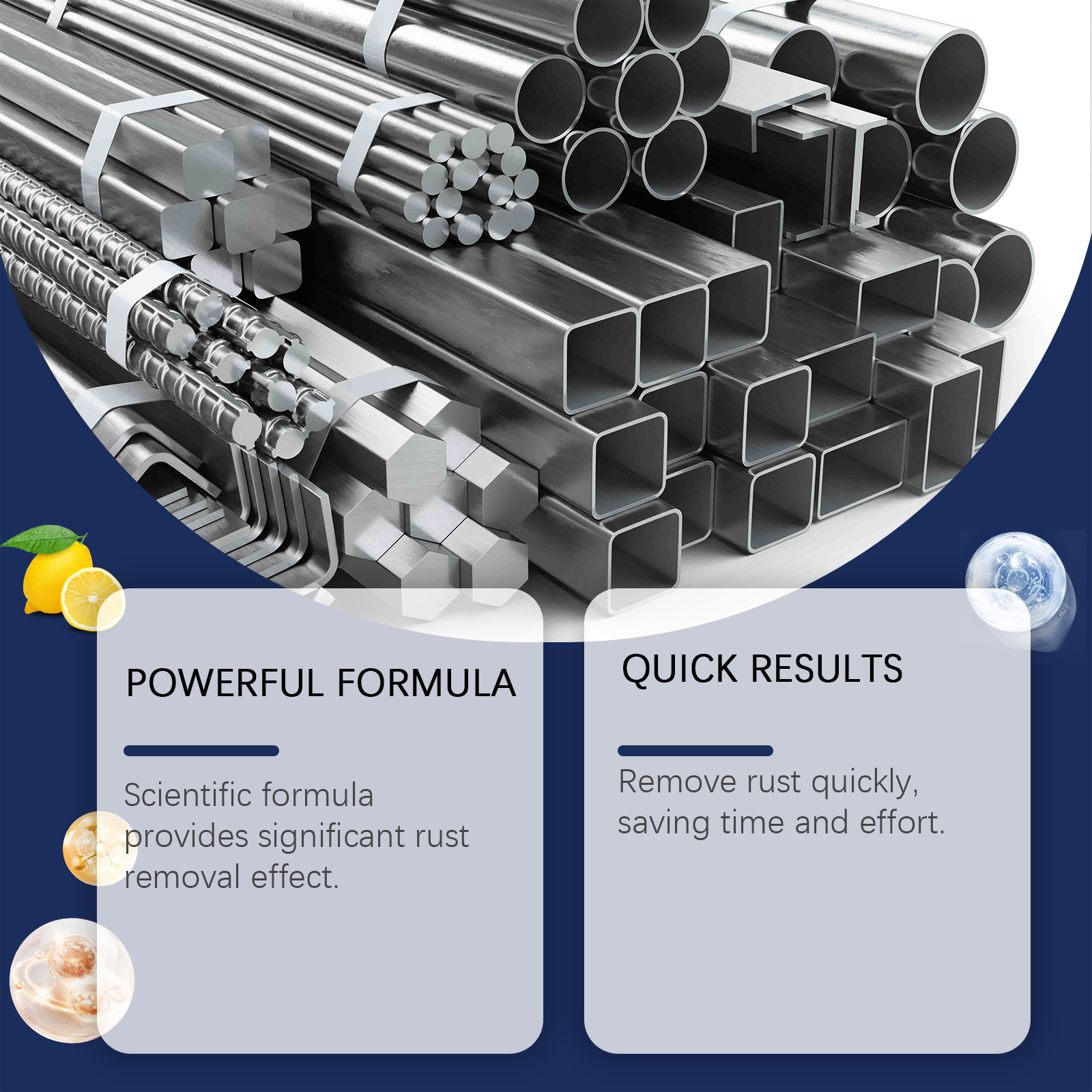 Metal pipes and fittings shown with rust removal claims