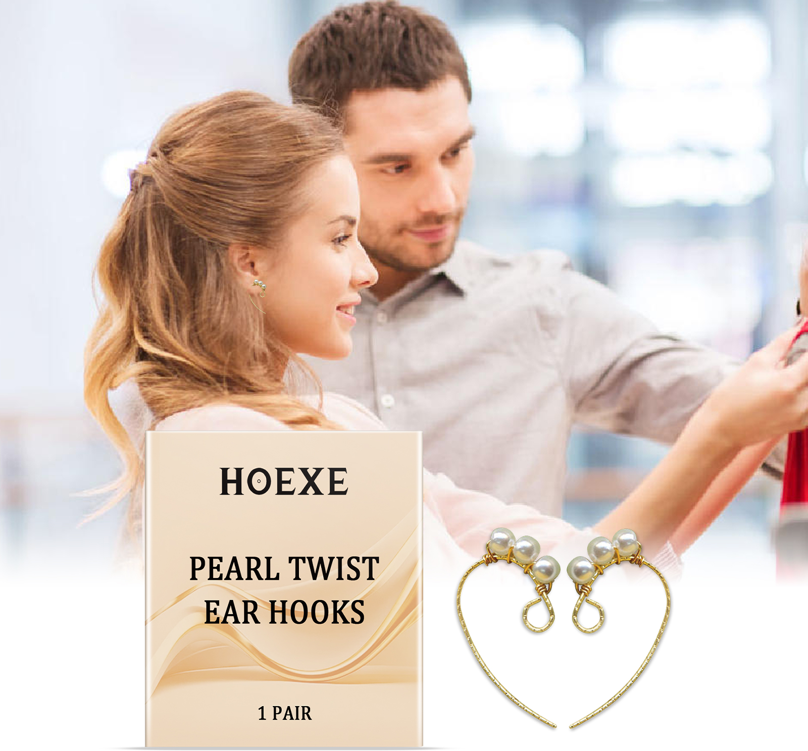 Woman wearing pearl twist earrings in a bright setting
