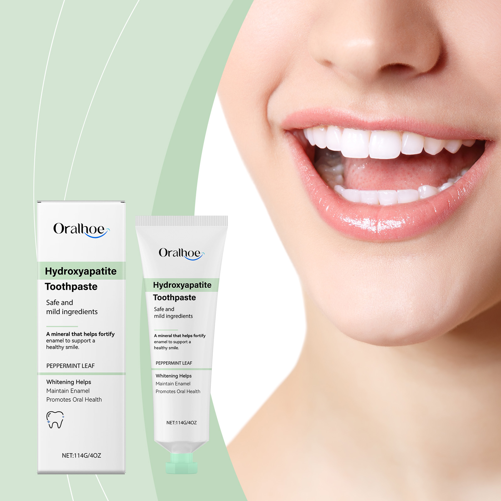 Oralhoe toothpaste beside a bright smiling face