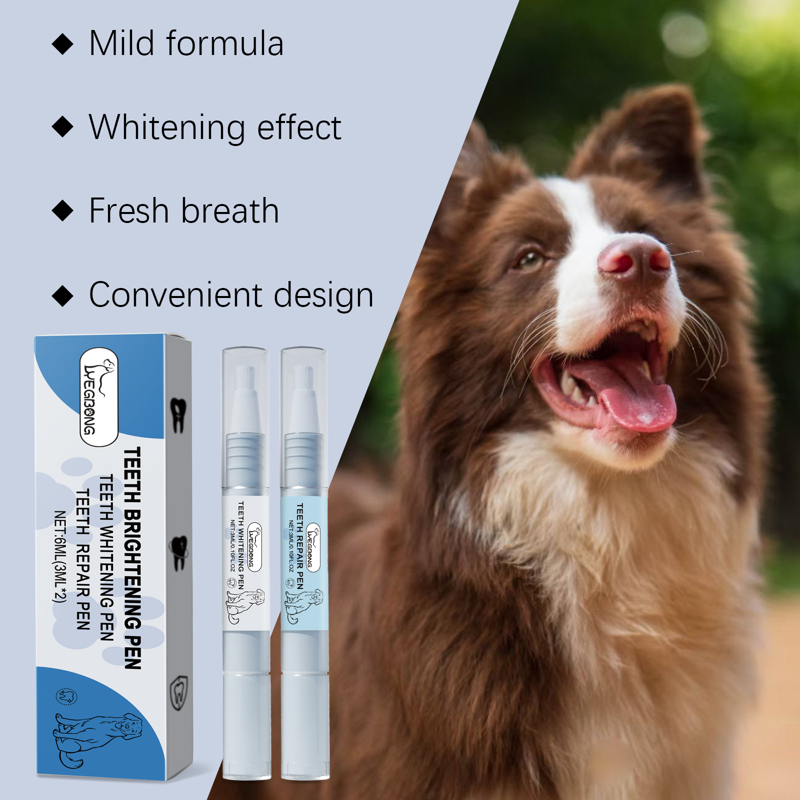 Pet dental pens beside dog showing bright clean teeth