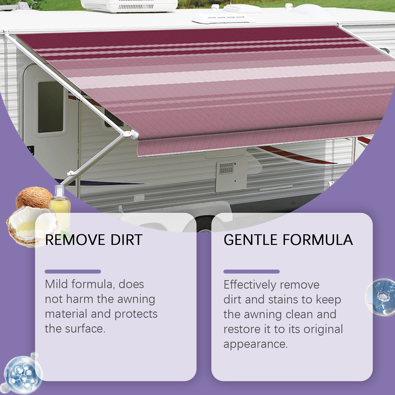 Clean RV awning with gentle formula message