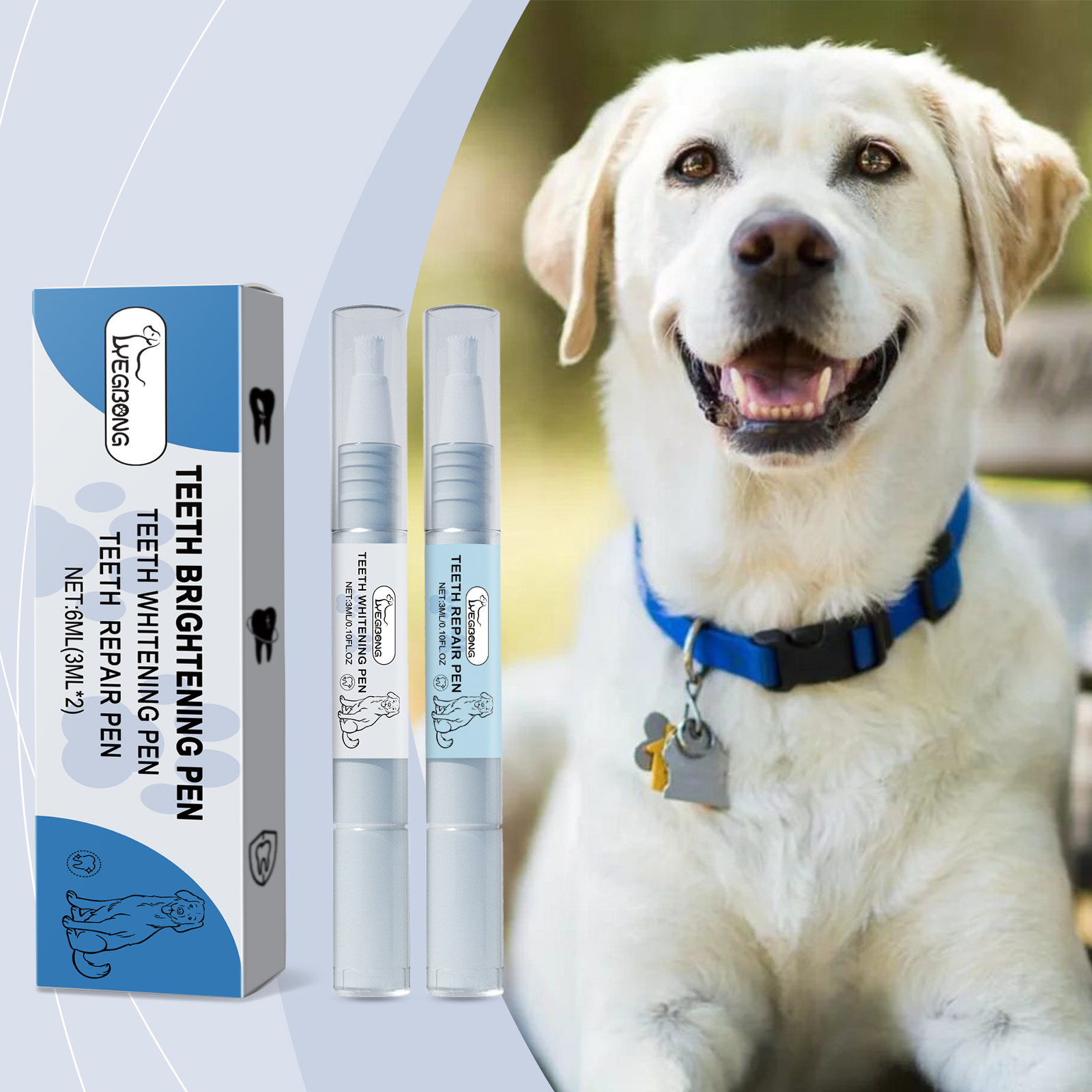 Dog relaxing beside a pet dental care pen set