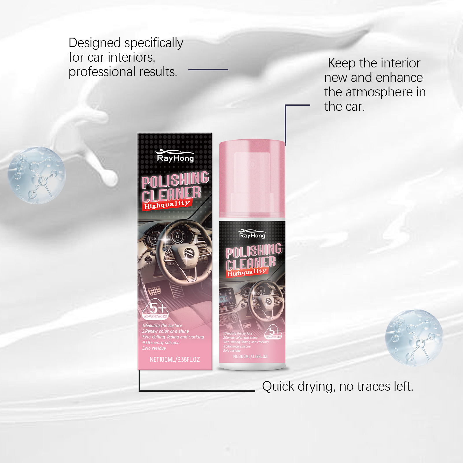 Interior cleaner packaging with quick-drying claim