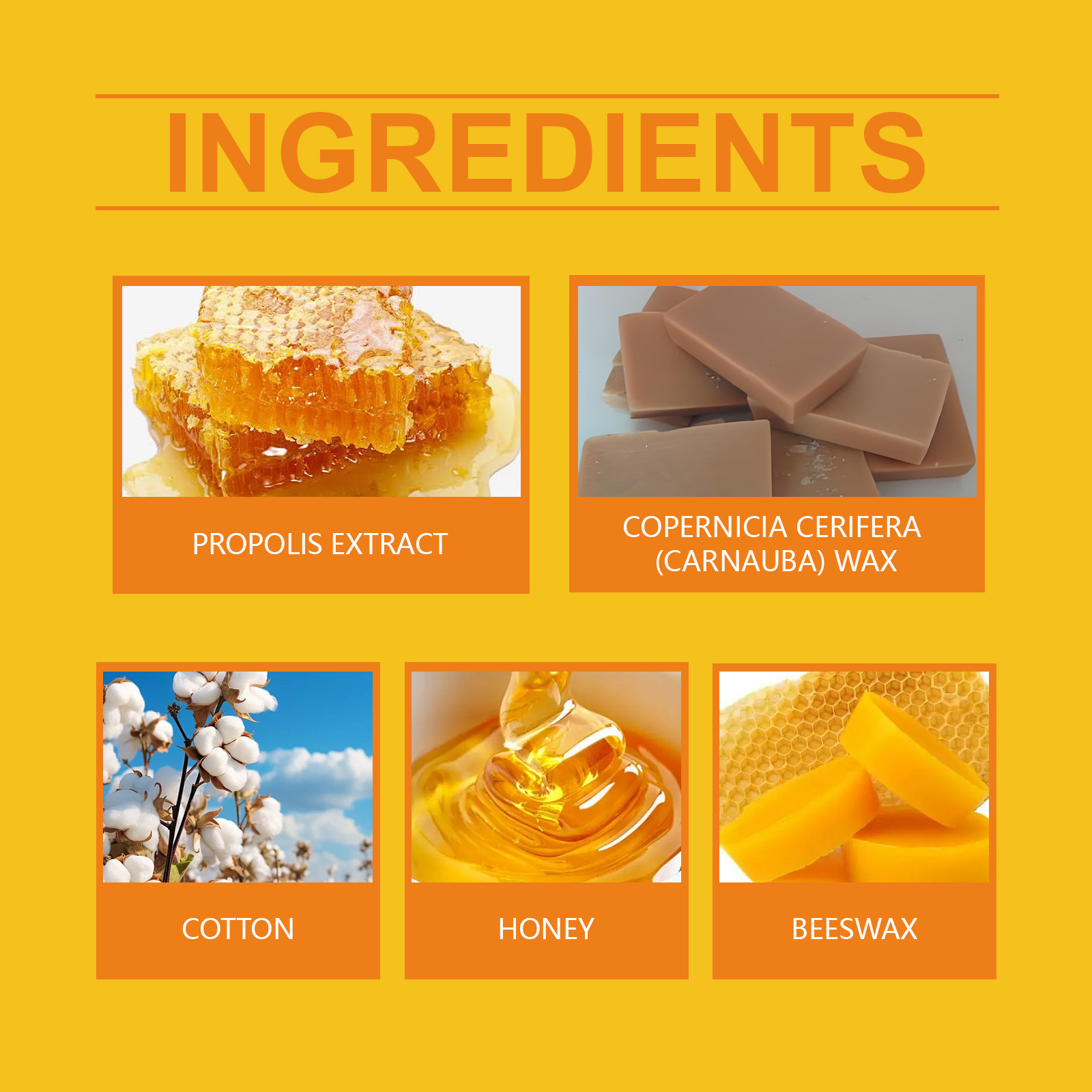 Honey-yellow beeswax candle with propolis packaging detail