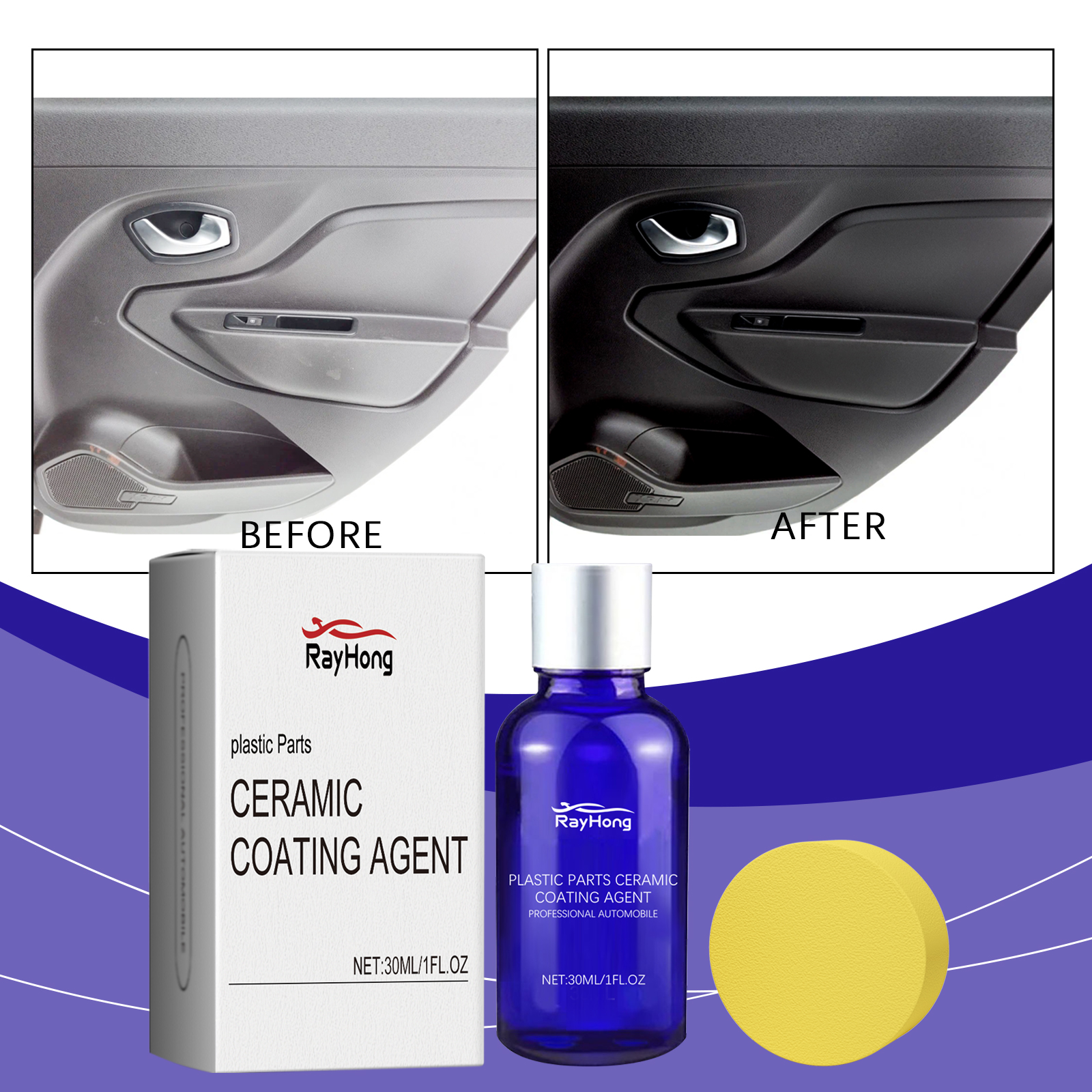 Car door plastic shown before and after coating treatment