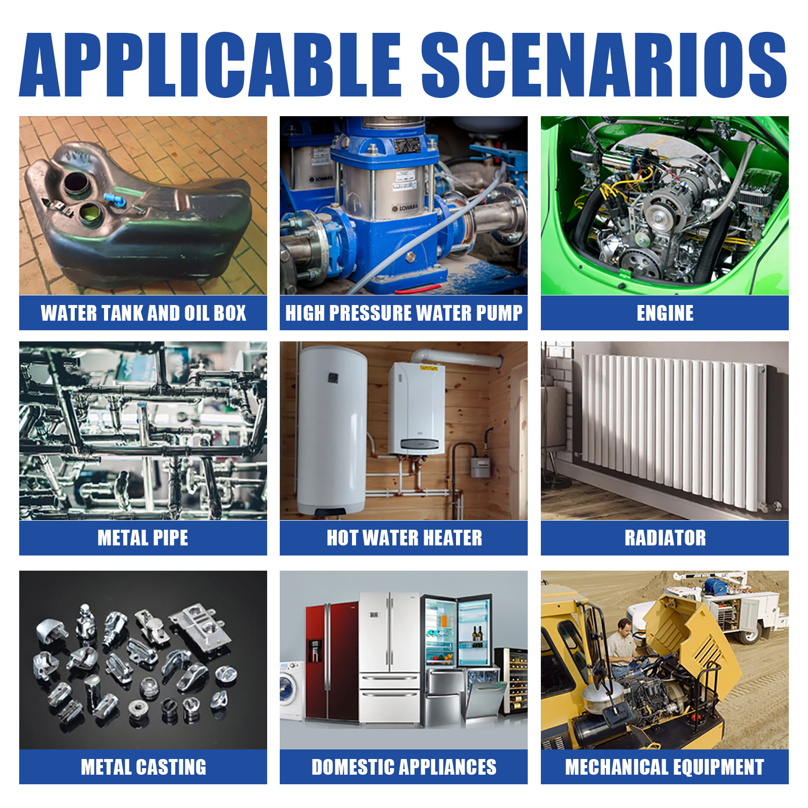 Metal adhesive applications for pipes tanks and engines