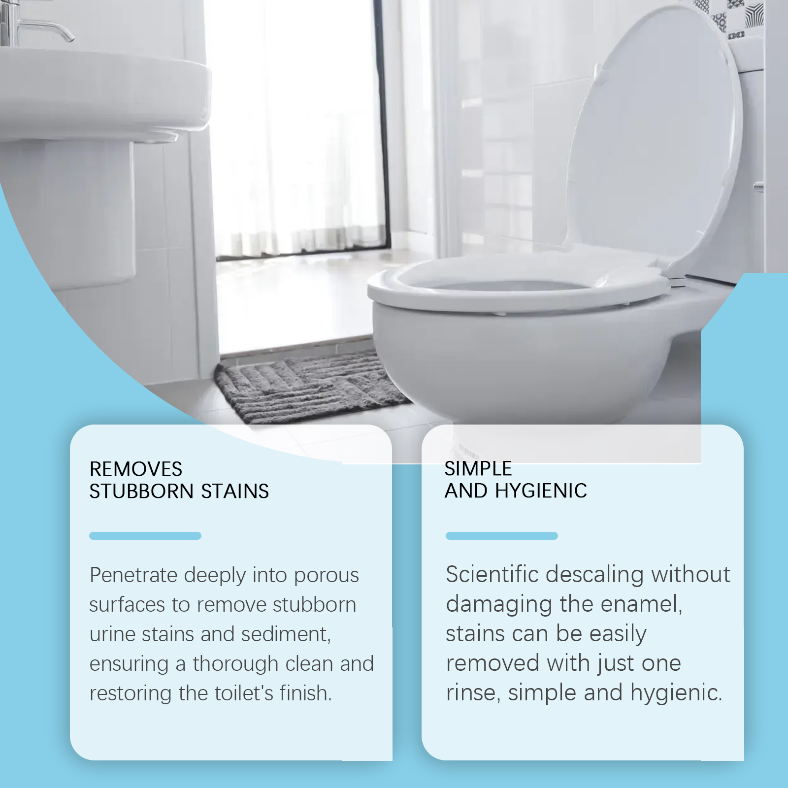 Clean toilet bowl with 'Removes Stubborn Stains' benefit text