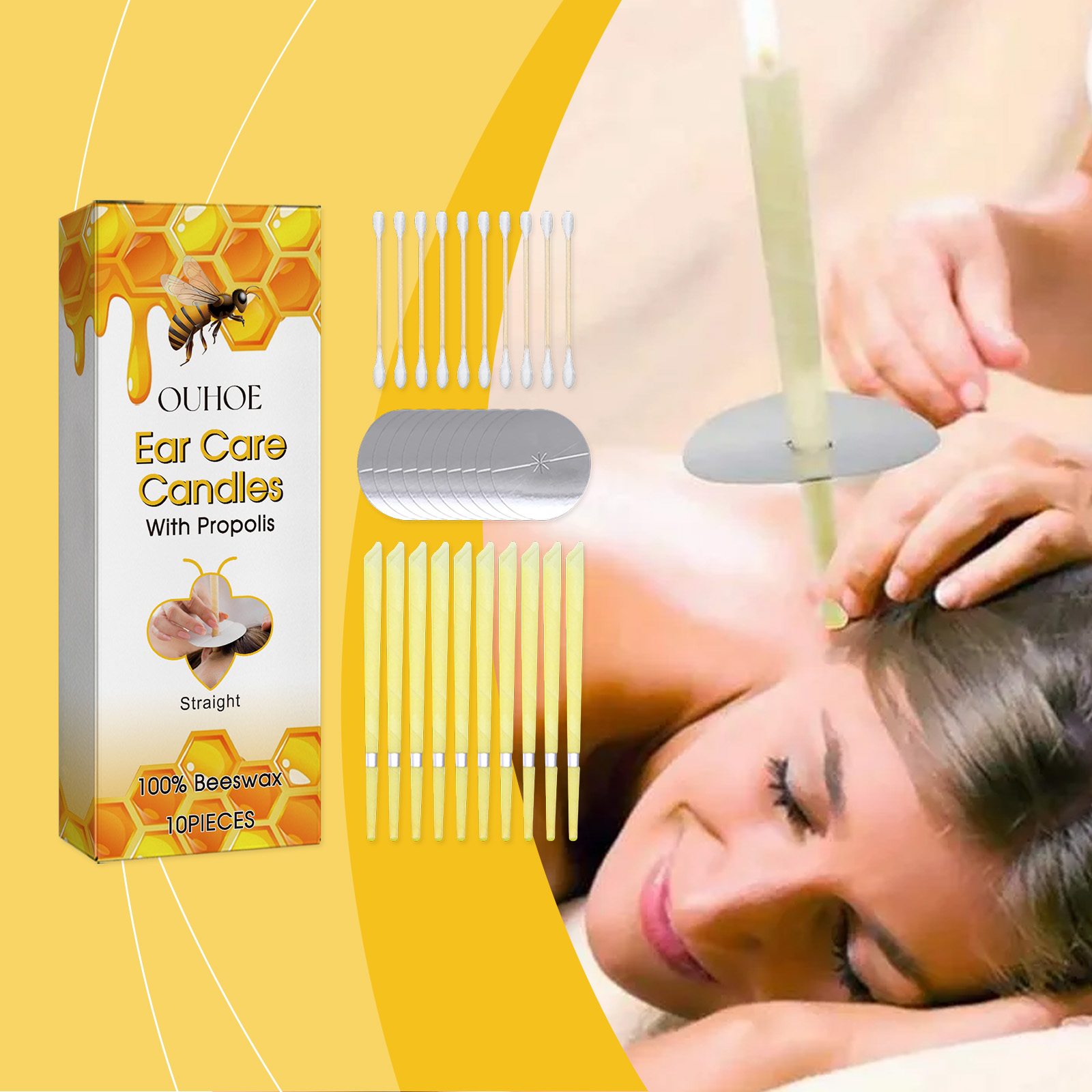 Ear candle set with candles discs and cotton swabs
