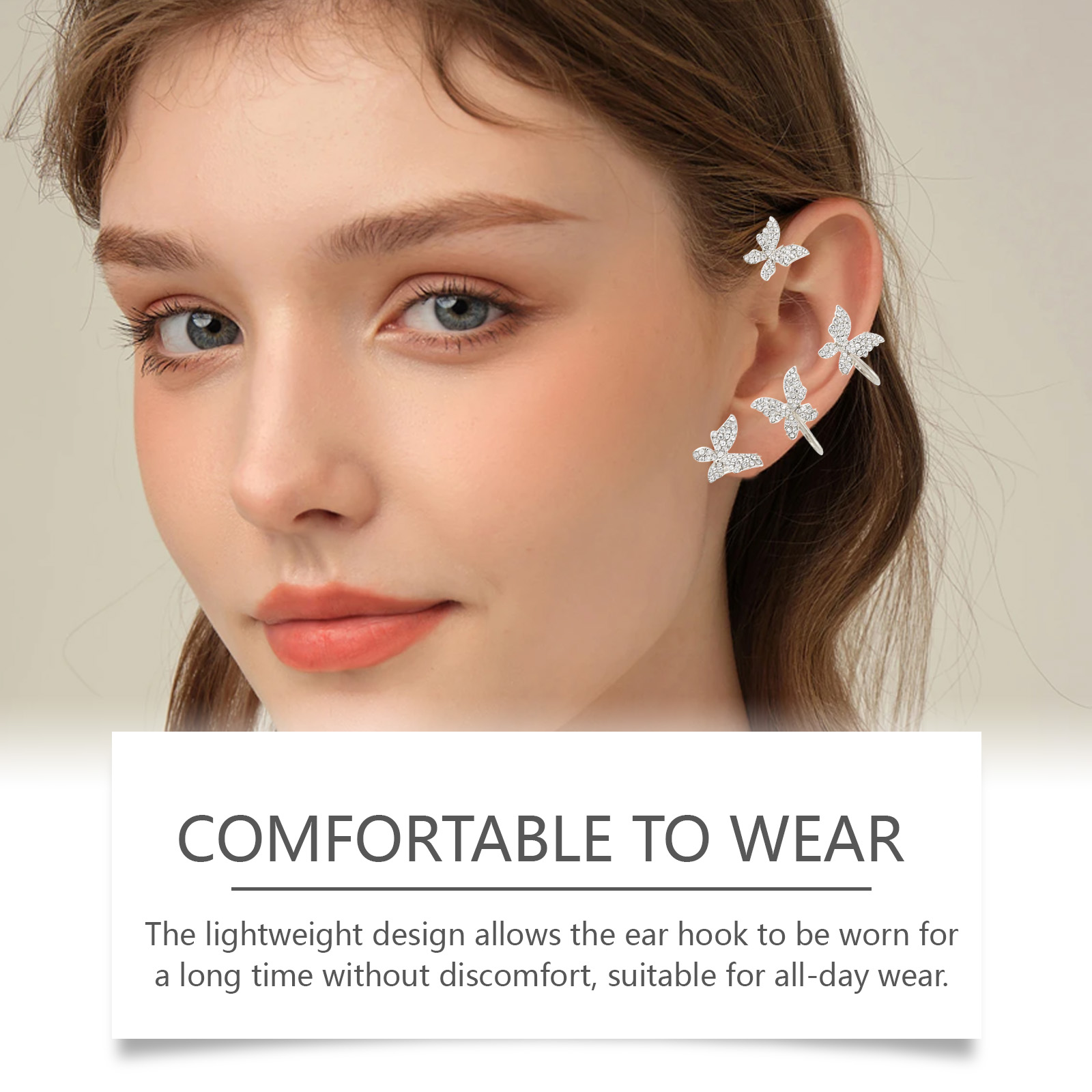 Sparkling lightweight ear cuff worn on ear
