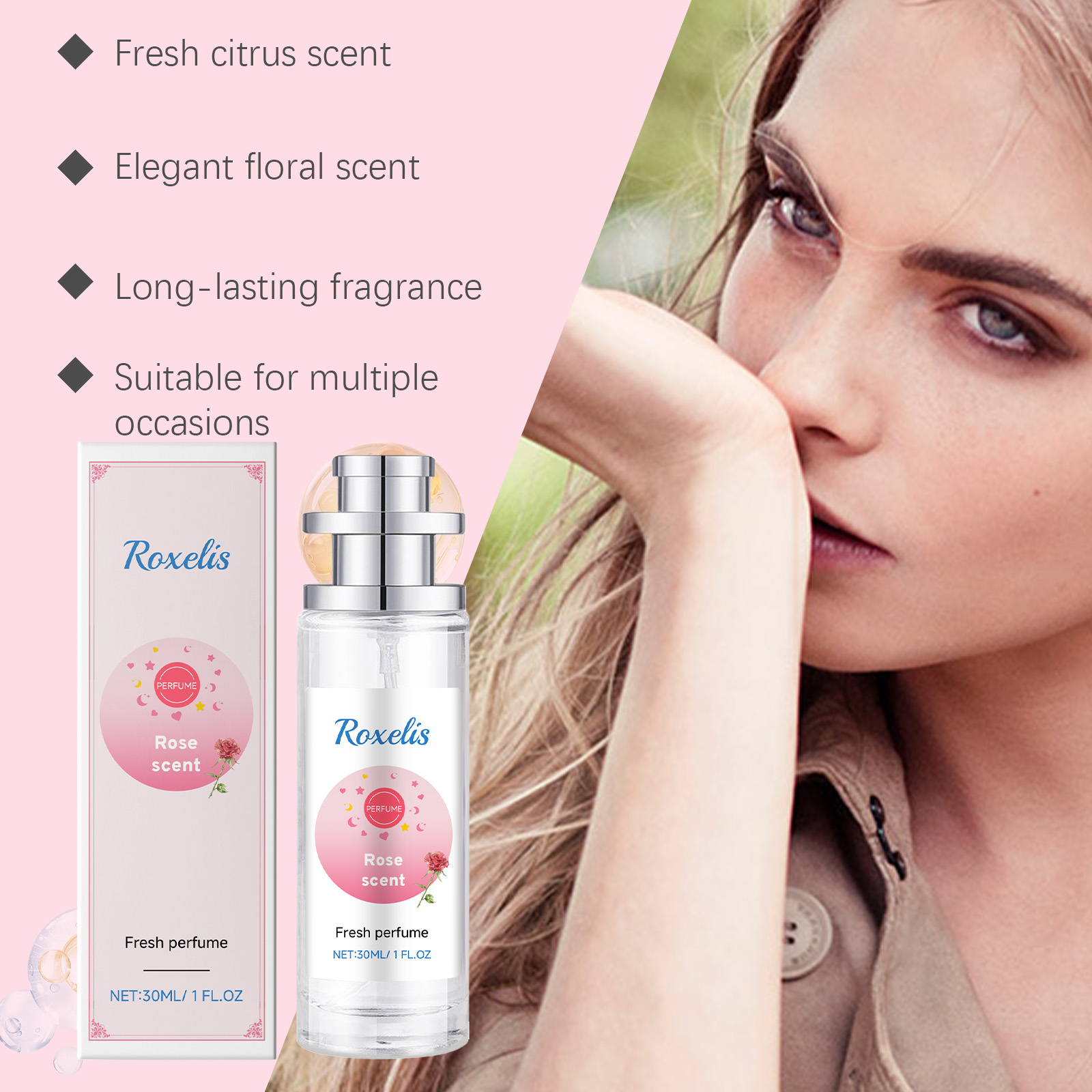 Roxelis clear glass perfume bottle with floral presentation box